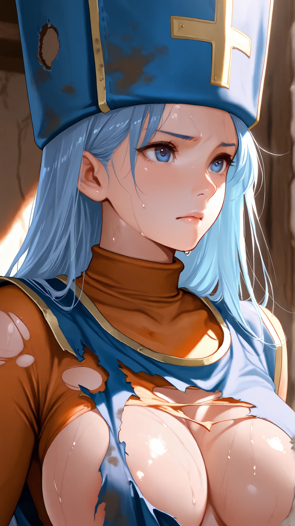 16k, Masterpiece, best quality , detailed eyes, vibrant, are so aesthetic, Semi-realistic, up to date, Alone, Big Breasts, sweat, priest(dq3), closeup, Sluisap, eyes
, monk hat , Monk's clothing, nsfw, (Dirty clothes:1.2), ( torn clothes :1.3)