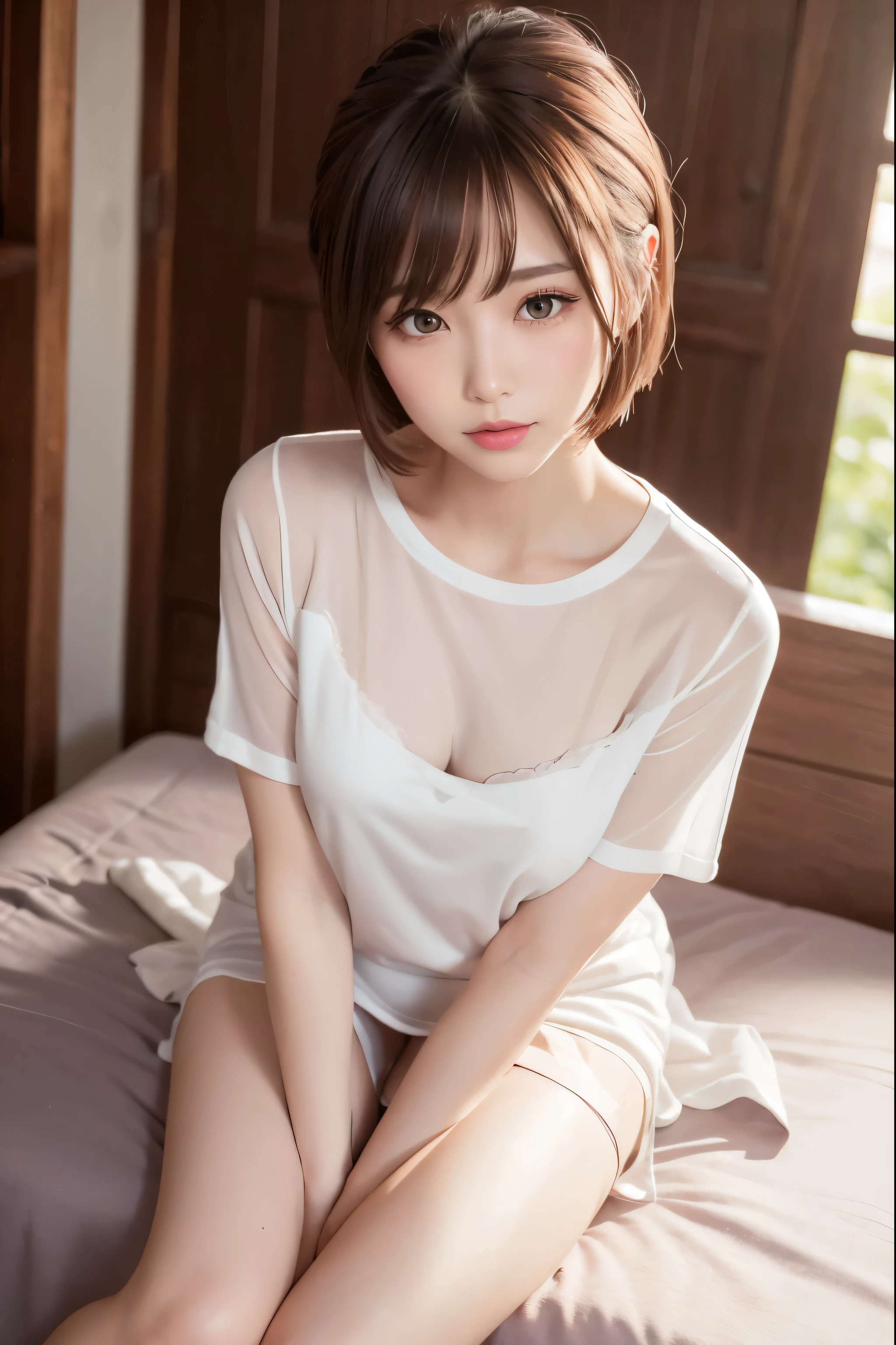 ((Best quality, 8k, Masterpiece: 1.3, raw photo)), Sharp focus: 1.2, (1 AESPA girl: 1.1), (realistic, photo-realistic:1.37), face focus, cute face, small breasts, flat chest, brunette short messy hair, sitting, white shirt, skirt, classroom, sunlight, cinematic lighting, from below