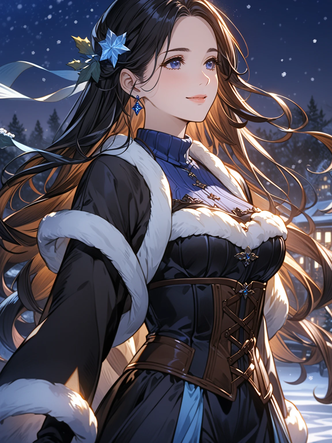 top-quality、anime style, Top image quality、closed mouth, beautiful night background, half bust, close up, 30yo woman, wind, a lot of snow outside, without bangs, no bangs, no bangs, forehead without bangs, woman with((Beautiful blue eyes、 curly hairs, long hair, very long hair, touching her hairs,  without bangs, black hair, black pants, blue-white turtleneck sweater,   big breasts, sapphire earring,  beautiful hair,  without bangs, smile, curly black hairs,  aesthetic style, brown corset, blue scalf, classic fantasy outfit,  beautiful eyes,  black hair, winter, cold, night, )）hiquality、Beautiful Art、Background with((blue-sky、Wagas)), snow, wind,  winter background, masutepiece、The best lighting、highestdetailed、8ｋ

