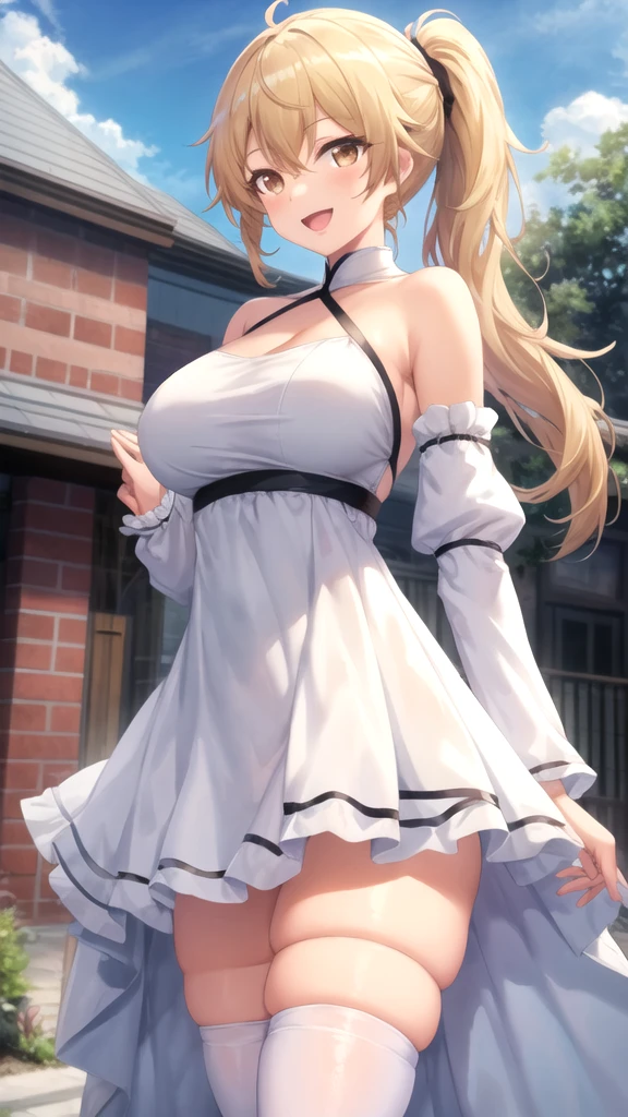 masterpiece, best quality, high quality, girl, solo, looking at viewer, ashura_kokuhou, brown eyes, blonde hair, ponytail, large breasts, white dress, detached sleeves, blue thighhighs, standing, cowboy shot, outdoors, smile, open mouth 