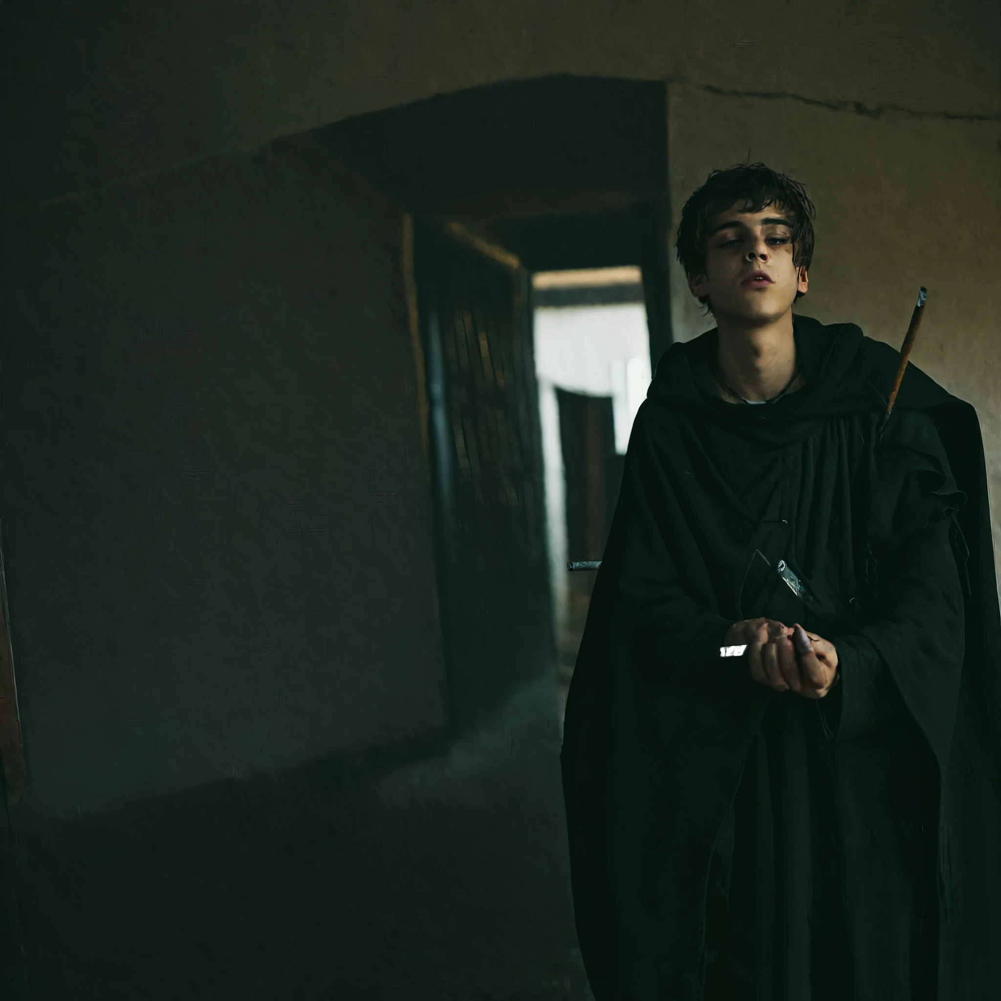 a dark, atmospheric and scary image with a young 19 year old boy holding a knife with one hand and smoking a cigarette with the other, he is wearing a black cloak