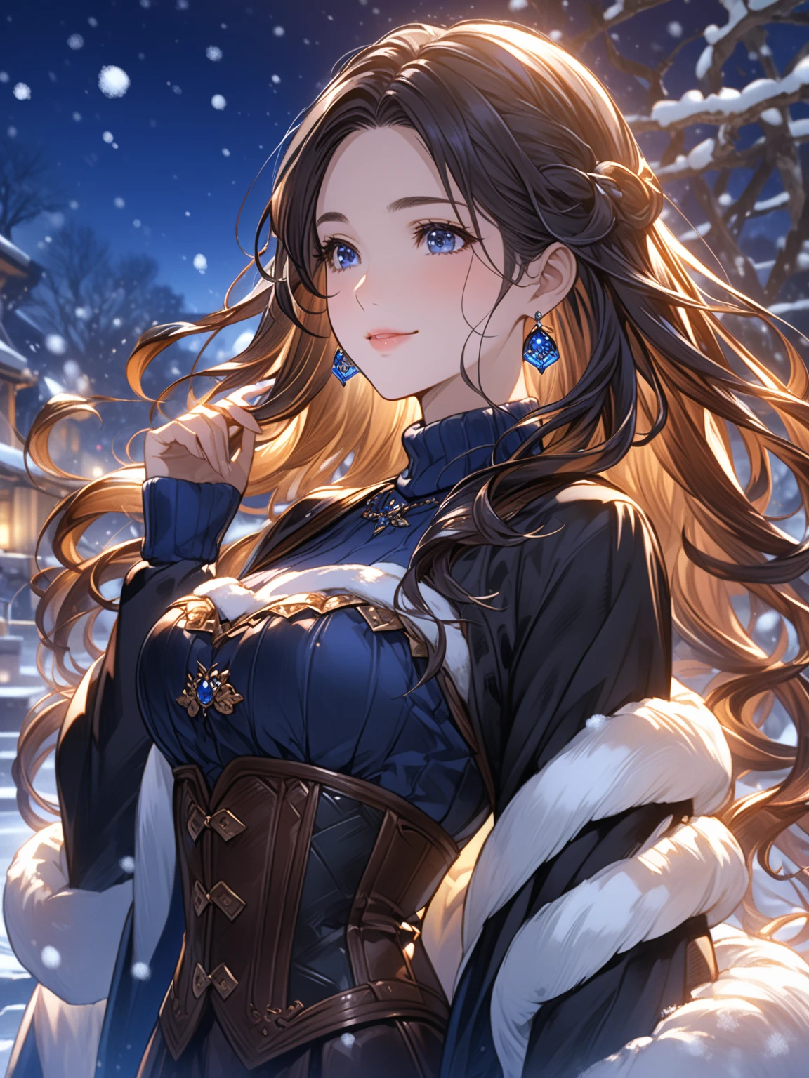 top-quality、anime style, Top image quality、closed mouth, beautiful night background, half bust, close up, 30yo woman, wind, a lot of snow outside, without bangs, no bangs, no bangs, forehead without bangs, woman with((Beautiful blue eyes、 curly hairs, long hair, very long hair, touching her hairs,  without bangs, black hair, black pants, blue-white turtleneck sweater,   big breasts, sapphire earring,  beautiful hair,  without bangs, smile, curly black hairs,  aesthetic style, brown corset, blue scalf, classic fantasy outfit,  beautiful eyes,  black hair, winter, cold, night, )）hiquality、Beautiful Art、Background with((blue-sky、Wagas)), snow, wind,  winter background, masutepiece、The best lighting、highestdetailed、8ｋ

