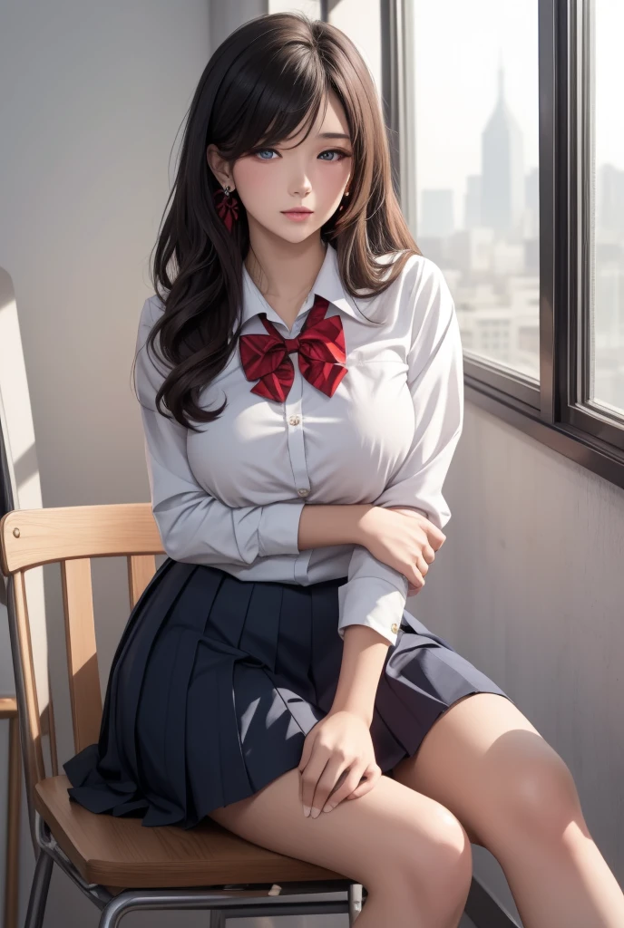 masterpiece, ultra high quality, ultra high definition, 8K, totally realistic, Korean girl, extremely beautiful, alone, full body, highly detailed face, fully detailed eyes, perfect eyes, perfect features, very beautiful body, perfect body, cheerful smile, wearing school uniform