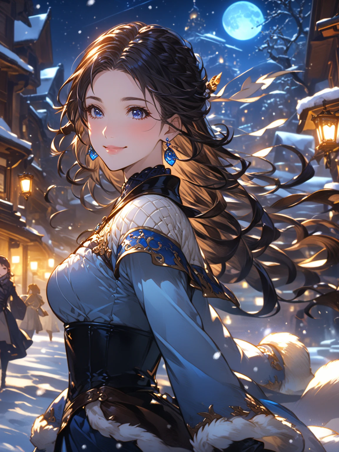 top-quality、anime style, Top image quality、closed mouth, beautiful night background, half bust, close up, 30yo woman, wind, without bangs, no bangs, no bangs, forehead without bangs, woman with((Beautiful blue eyes、 curly hairs, long hair, very long hair, touching her hairs,  without bangs, black hair, black pants, blue-white turtleneck sweater,   big breasts, sapphire earring,  beautiful hair,  without bangs, smile, curly black hairs,  aesthetic style, brown corset, blue scalf, classic fantasy outfit,  beautiful eyes,  black hair, winter, cold, night, )）hiquality、Beautiful Art、Background with((blue-sky、Wagas)), snow, wind,  winter background, masutepiece、The best lighting、highestdetailed、8ｋ

