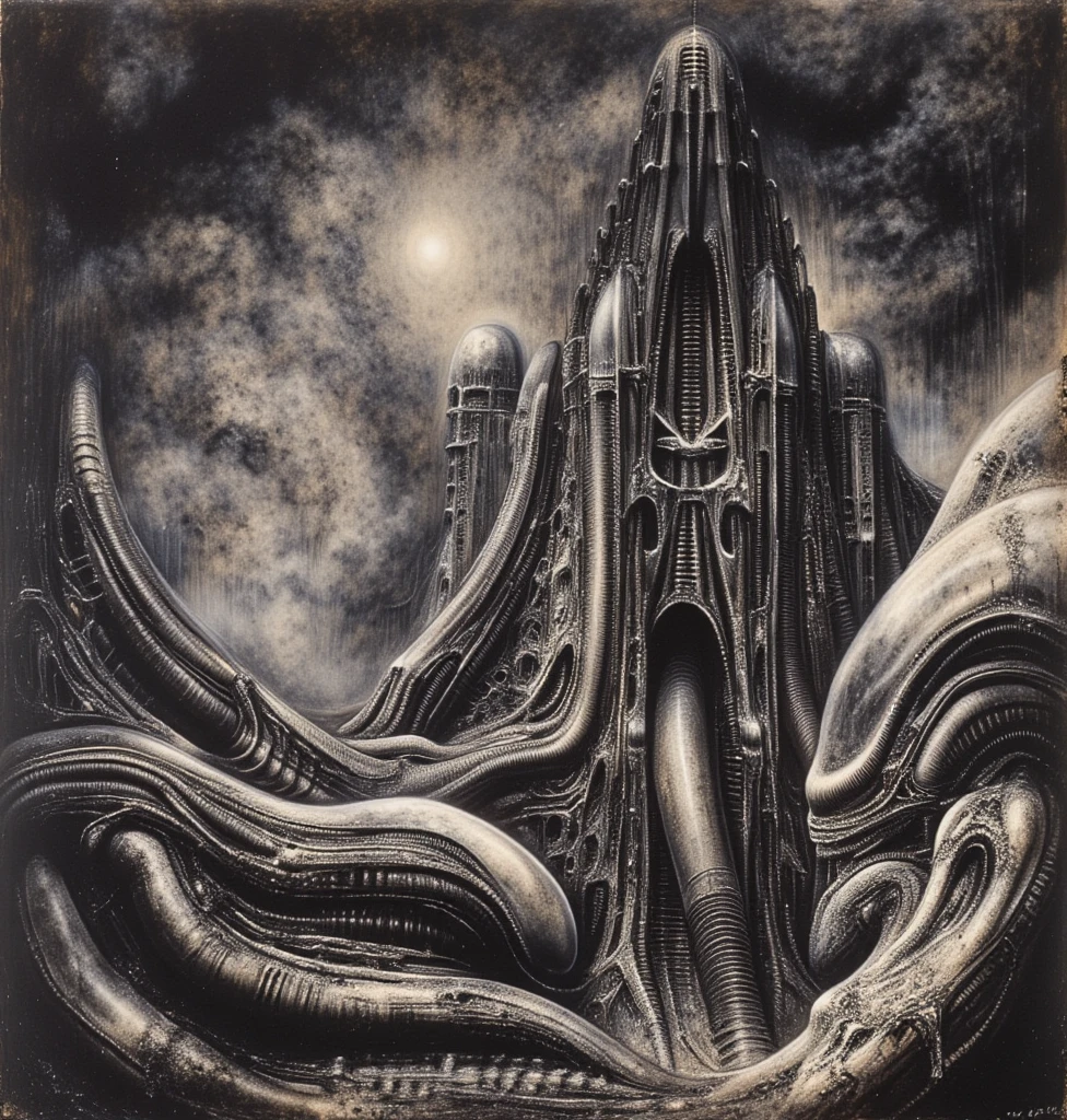 

 The image depicts a fantastical scene of a castle with a dominant tower, surrounded by a whirl of dark clouds and a starry nebulous sky in the background.

The shapes are predominantly rounded and flowing, with a strong sense of internal structure suggested by the lines and shading. The color palette is almost entirely grayscale with some warmer highlights giving a slight off-white/beige tint. The contrast is primarily achieved through subtle gradations of light and shadow, defining the forms without harsh edges. This creates a sense of depth and volume, but also contributes to the overall ambiguity of the image. The lack of strong contrast makes the forms blend into each other, further enhancing the feeling of a unified, biomechanical entity.

The space in this H.R. Giger-esque image is formed through a complex interplay of several visual techniques, creating a claustrophobic, layered, and ambiguous environment. Space in this image is formed by a combination of overlapping forms, lack of traditional perspective, flowing curves, high detail, ambiguous scale, and subtle lighting. These techniques work together to create a unique and unsettling spatial experience that is characteristic of Giger's work: a claustrophobic, organic, and biomechanical environment that feels both alien and strangely familiar.
 The most dominant feature is the dense overlapping and interweaving of organic and mechanical forms. Figures, pipes, tubes, and other structures merge seamlessly, making it difficult to distinguish where one ends and another begins. This creates a sense of depth and layers, but also contributes to the claustrophobic feeling as there's little empty space.
 There's no clear horizon line or defined vanishing point to establish traditional perspective. This further adds to the sense of disorientation and makes it difficult to gauge the scale and distance of the elements within the image. The space feels compressed and undefined.
