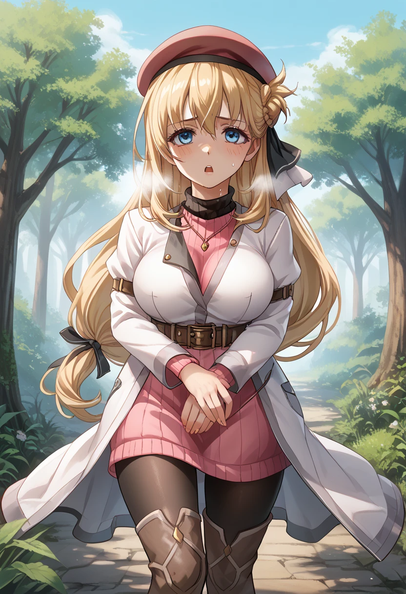 score_9, score_8_up, score_7_up, score_6_up, score_5_up, score_4_up, BREAK source_anime,
1girl, solo, sfw,  Agnes Claudel, blonde hair, long hair, blue eyes, large breasts, hair ribbon, beret, white coat, turtleneck dress, necklace, belt, pink skirt, pantyhose, brown boots, thigh boots,, full body shot, front view, looking at viewer, outdoors, sky, trees, 
racoonsan,, standing up bending forward exhausted heavy breathing, sweating, wet, moaning, mouth open, touching her chest with one hand