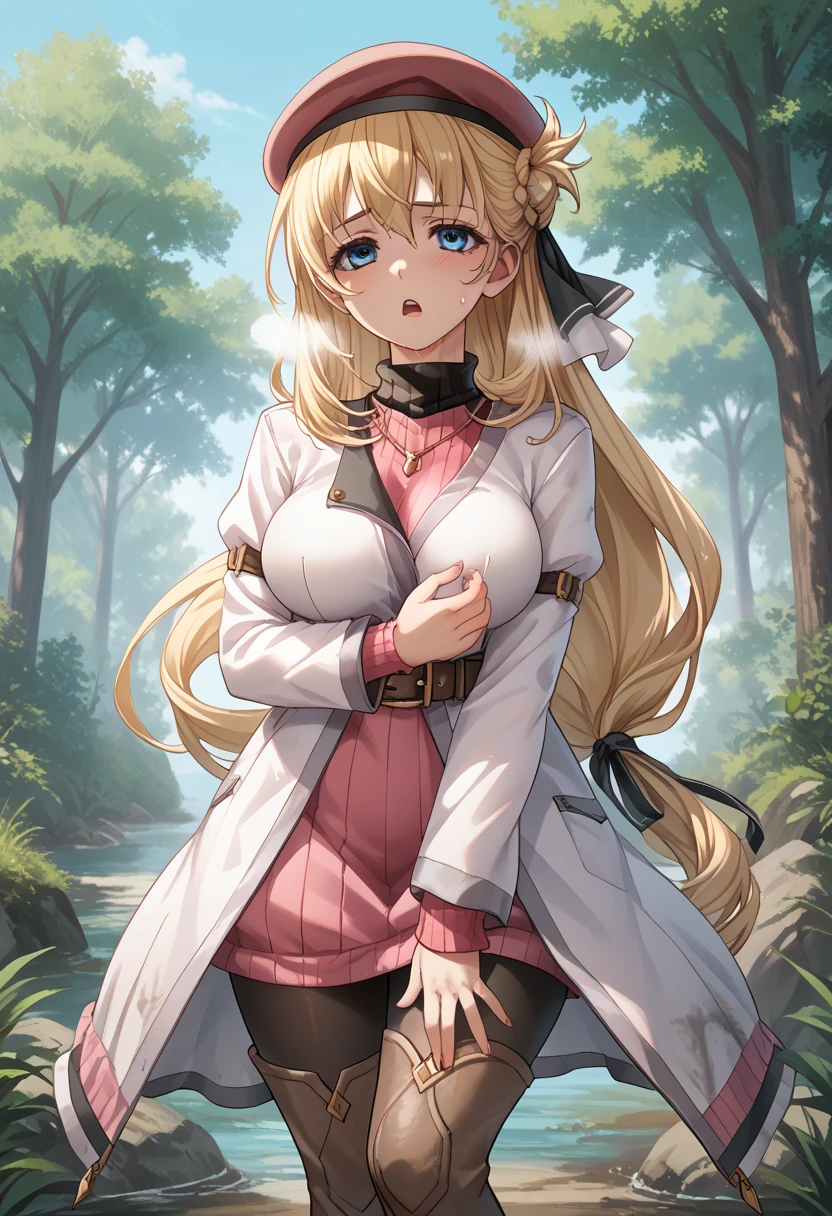 score_9, score_8_up, score_7_up, score_6_up, score_5_up, score_4_up, BREAK source_anime,
1girl, solo, sfw,  Agnes Claudel, blonde hair, long hair, blue eyes, large breasts, hair ribbon, beret, white coat, turtleneck dress, necklace, belt, pink skirt, pantyhose, brown boots, thigh boots,, full body shot, front view, looking at viewer, outdoors, sky, trees, 
racoonsan,, standing up bending forward exhausted heavy breathing, sweating, wet, moaning, mouth open, touching her chest with one hand