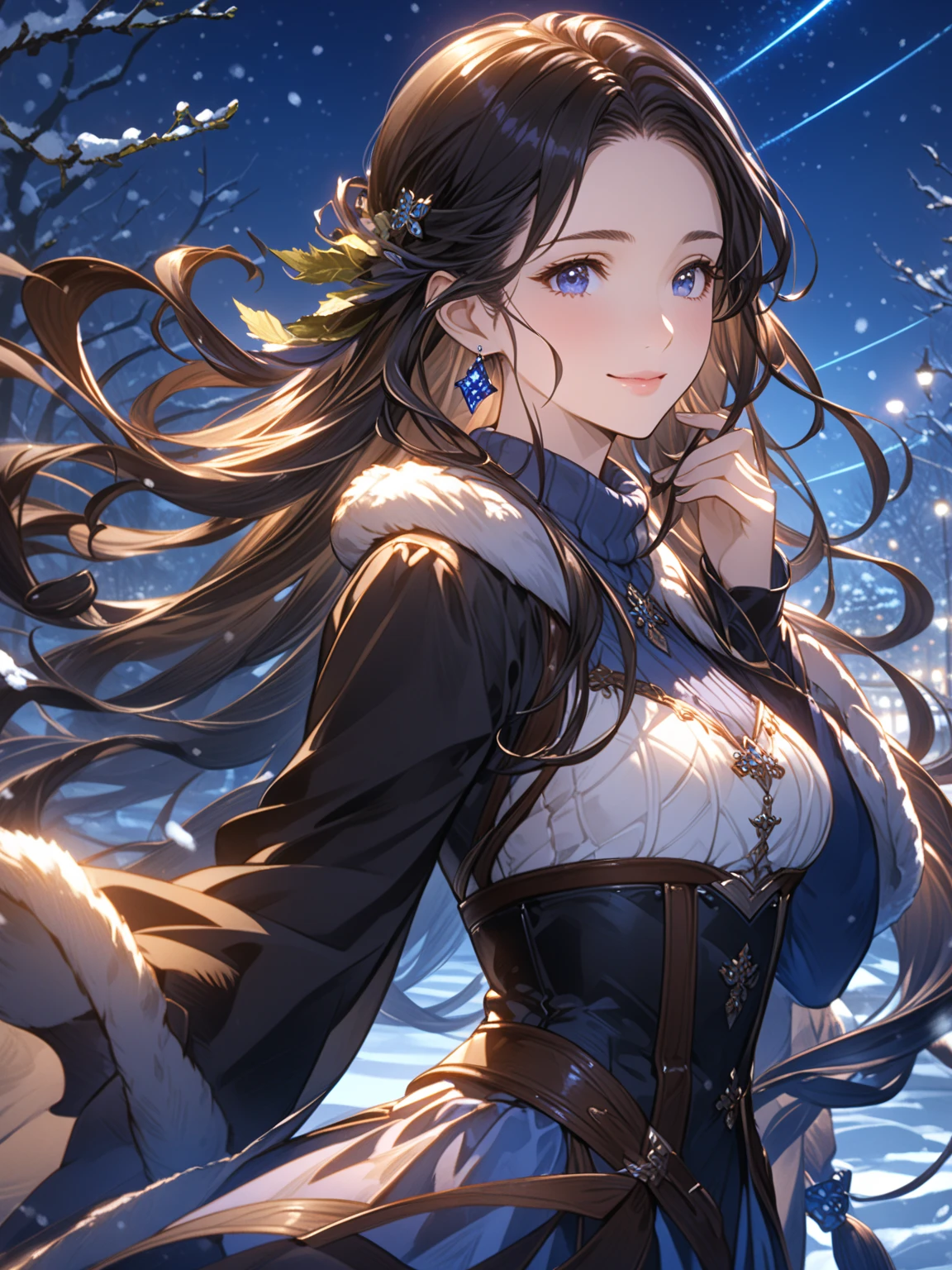 top-quality、anime style, Top image quality、closed mouth, beautiful night background, half bust, close up, 30yo woman, wind, without bangs, no bangs, no bangs, forehead without bangs, woman with((Beautiful blue eyes、 curly hairs, long hair, very long hair, touching her hairs,  without bangs, black hair, black pants, blue-white turtleneck sweater,   big breasts, sapphire earring,  beautiful hair,  without bangs, smile, curly black hairs,  aesthetic style, brown corset, blue scalf, classic fantasy outfit,  beautiful eyes,  black hair, winter, cold, night, )）hiquality、Beautiful Art、Background with((blue-sky、Wagas)), snow, wind,  winter background, masutepiece、The best lighting、highestdetailed、8ｋ

