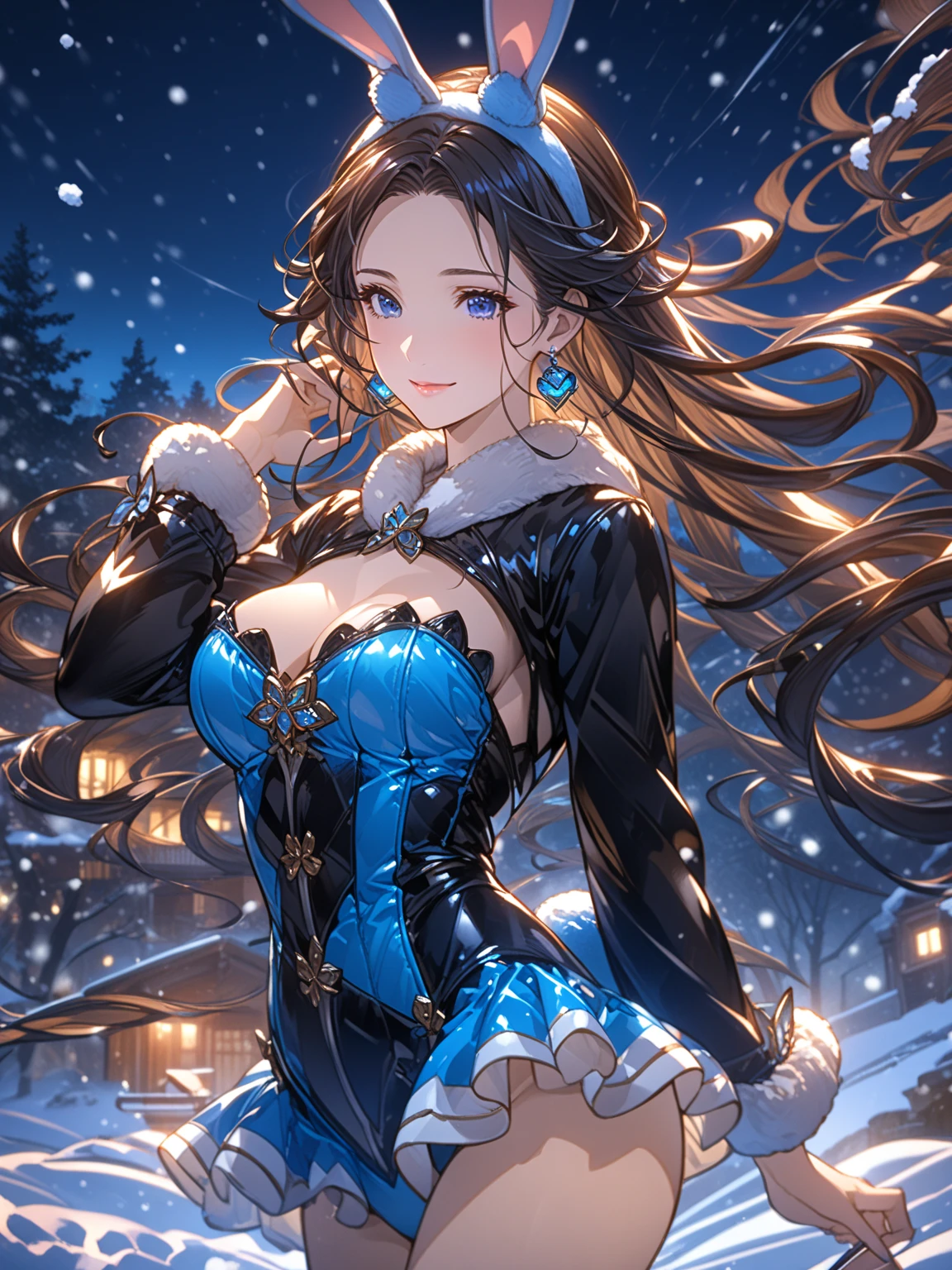 top-quality、anime style, Top image quality、closed mouth, beautiful night background, half bust, close up, 30yo woman, wind, without bangs, no bangs, no bangs, forehead without bangs, woman with((Beautiful blue eyes、 curly hairs, long hair, very long hair, touching her hairs,  without bangs, black hair,    big breasts, sapphire earring,  beautiful hair,  without bangs, smile, curly black hairs,  aesthetic style, bunny suit, blue bunny suit, bare legs, sexy legs, beautiful eyes,  black hair, winter, cold, night, )）hiquality、Beautiful Art、Background with((blue-sky、Wagas)), snow, wind,  winter background, masutepiece、The best lighting、highestdetailed、8ｋ

