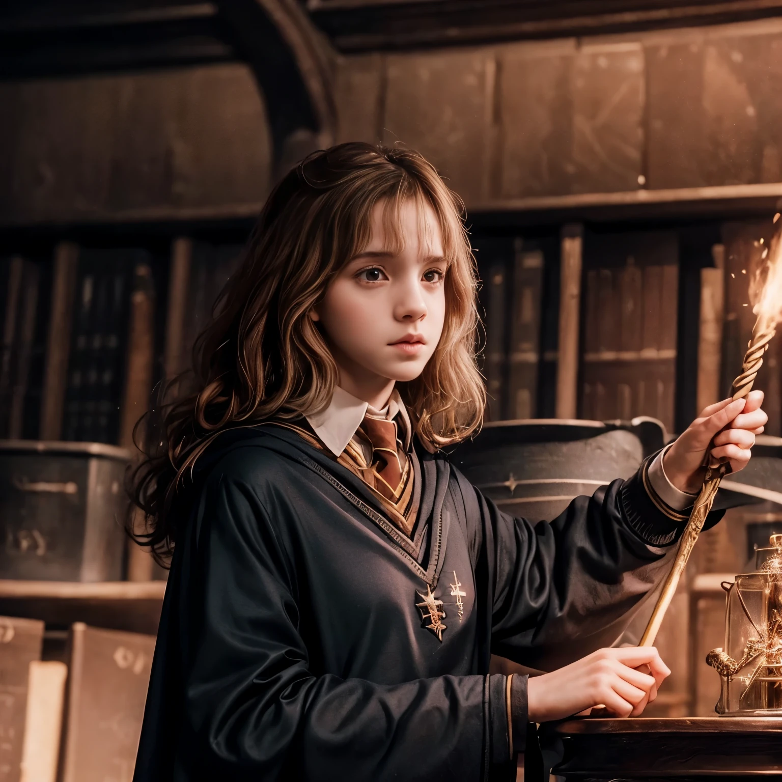 (Hermione Granger), Hogwarts, magical effects , Magic Wand in Hand , Patronus Spectre , super detailed , realistic、 Fantasy