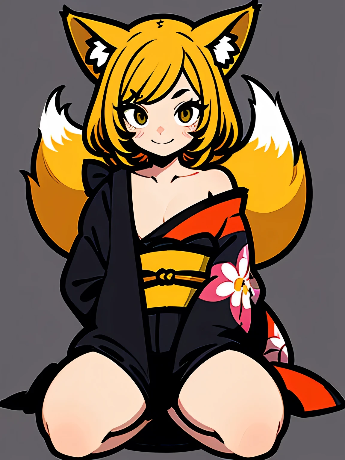 (fullbody),alone,(seiza)blonde medium hair,big,gold eyes,eyelash,(offshoulder),fox ear,cute frill japanese beautiful floral design kimono,graffity,smile,idol pose,pastel gradation,good model pose,Murakami Takashi,misterious 万華鏡 background,(comicart :1.3),(illustration),