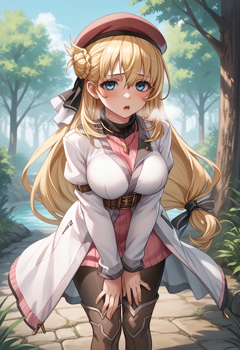 score_9, score_8_up, score_7_up, score_6_up, score_5_up, score_4_up, BREAK source_anime,
1girl, solo, sfw,  Agnes Claudel, blonde hair, long hair, blue eyes, large breasts, hair ribbon, beret, white coat, turtleneck dress, necklace, belt, pink skirt, pantyhose, brown boots, thigh boots,, full body shot, front view, looking at viewer, outdoors, sky, trees, 
racoonsan,, (standing up), ((bending forward)), exhausted, heavy breathing, sweating, wet, moaning, aroused. In peril, mouth open, touching her chest with ((one hand)))