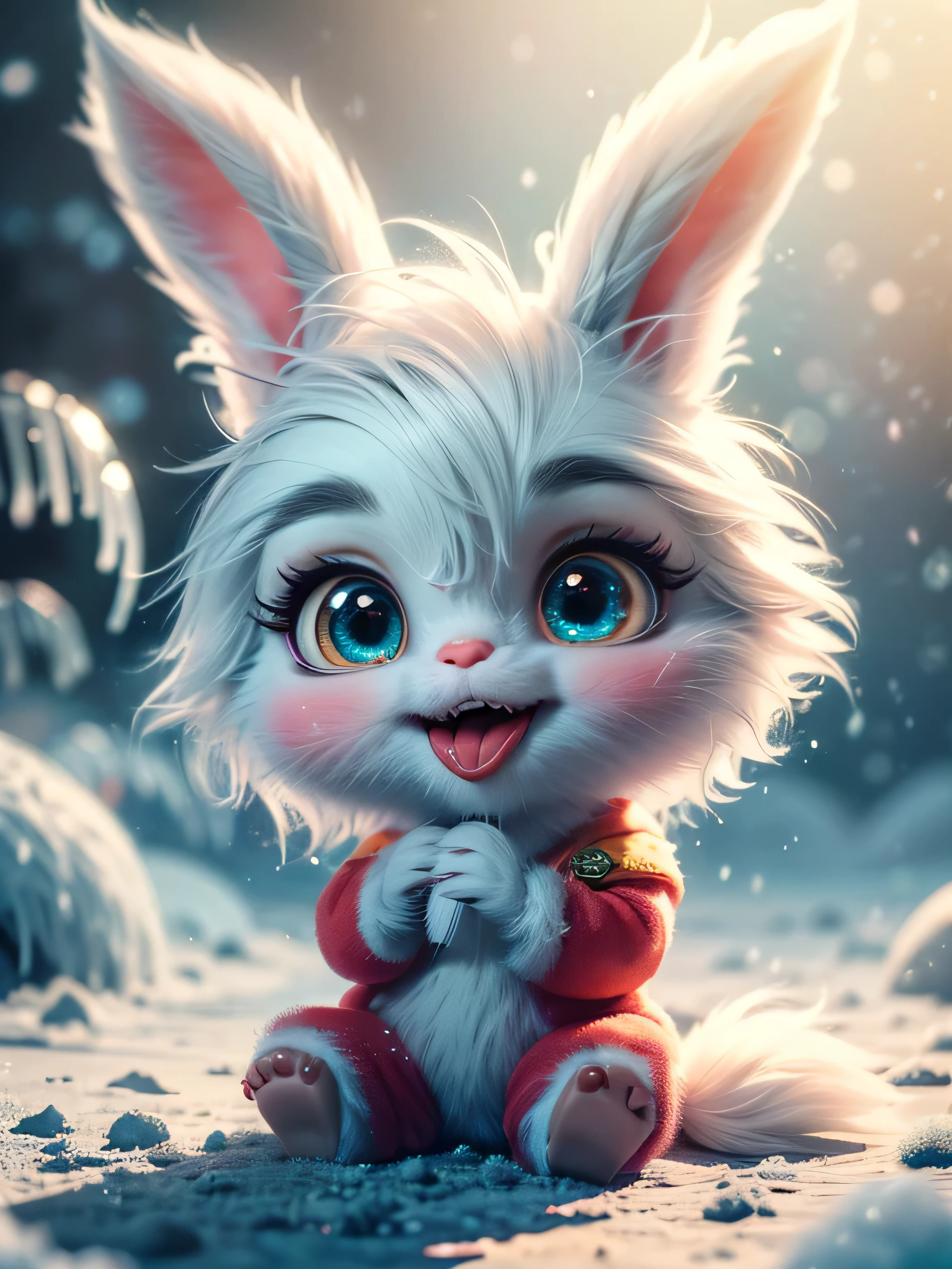 (Best Quality, Super Detail, Masterpiece, Representative Work, Official Art, Professional, Super Detail, 8k:1.3) (Photorealistic:1.2), Adorable blue furry monster with round eyes in a pink bunny suit, Licking an icicle with his tongue while sitting, Winter, Christmas, Night, Natural Lighting, Soft Background, Photorealistic, Shining Eyes, Sharp Focus, Cute and Mischievous Look, Hint of Mischief, Dreamy Atmosphere, Delicate Details, Soft Volumetric Light, (Backlight:1.3), (Cinematic:1.2), Intricate Details, (ArtStation:1.3)