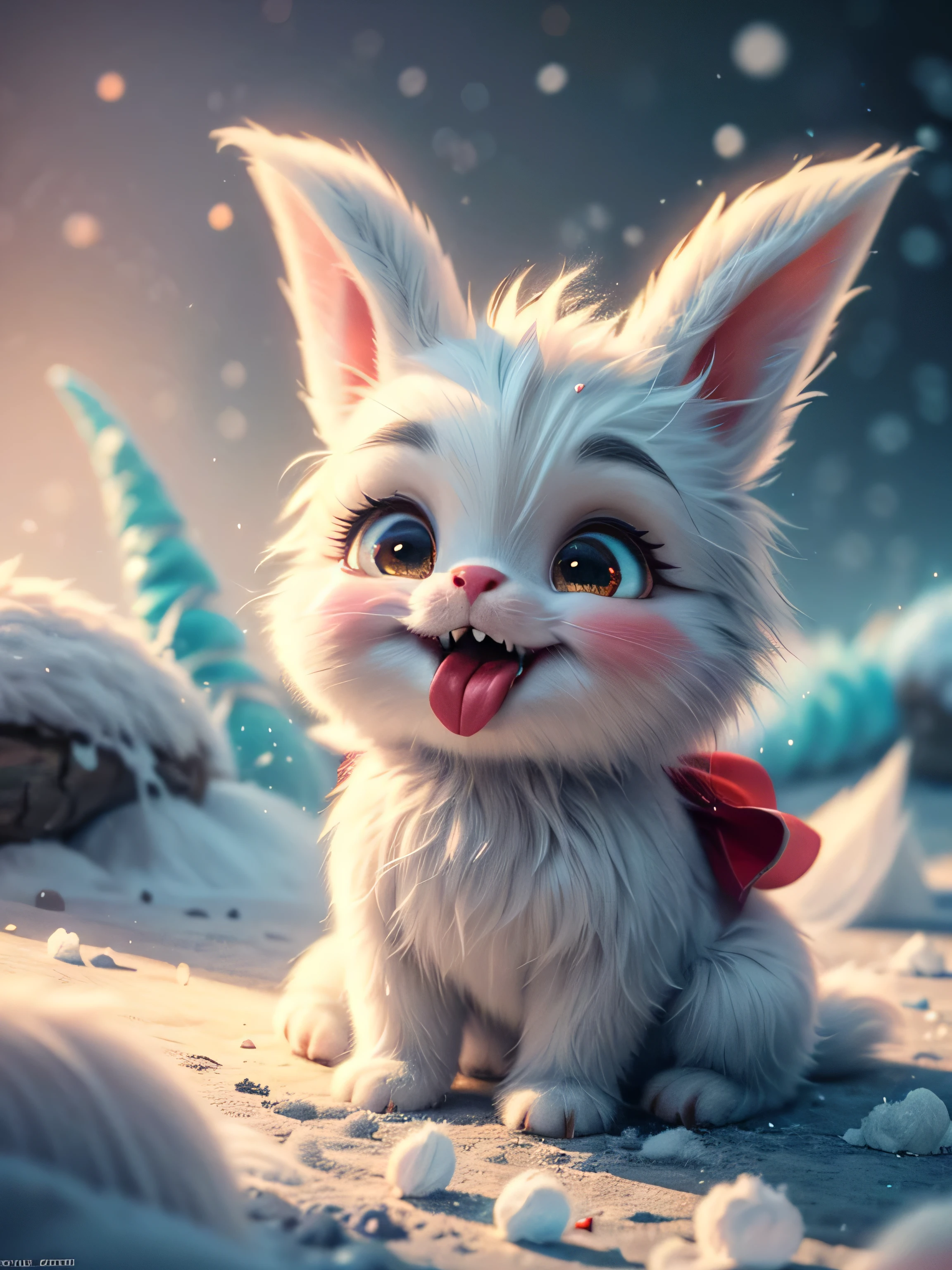 (Best Quality, Super Detail, Masterpiece, Representative Work, Official Art, Professional, Super Detail, 8k:1.3) (Photorealistic:1.2), Adorable blue furry monster with round eyes in a pink bunny suit, Licking an icicle with his tongue while sitting, Winter, Christmas, Night, Natural Lighting, Soft Background, Photorealistic, Shining Eyes, Sharp Focus, Cute and Mischievous Look, Hint of Mischief, Dreamy Atmosphere, Delicate Details, Soft Volumetric Light, (Backlight:1.3), (Cinematic:1.2), Intricate Details, (ArtStation:1.3)