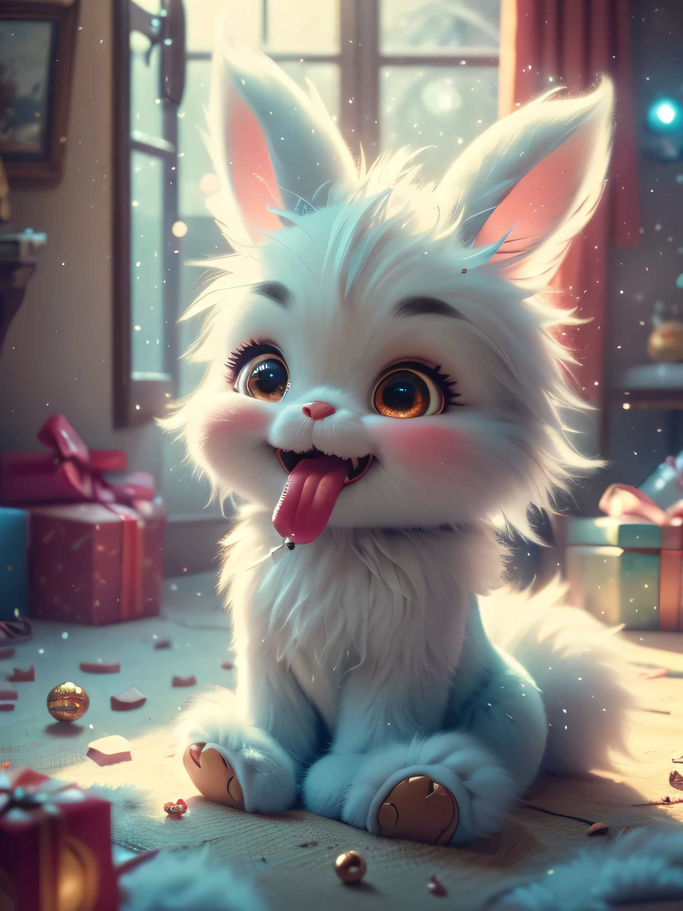 (Best Quality, Super Detail, Masterpiece, Representative Work, Official Art, Professional, Super Detail, 8k:1.3) (Photorealistic:1.2), Adorable blue furry monster with round eyes in a pink bunny suit, Licking an icicle with his tongue while sitting, Winter, Christmas, Night, Natural Lighting, Soft Background, Photorealistic, Shining Eyes, Sharp Focus, Cute and Mischievous Look, Hint of Mischief, Dreamy Atmosphere, Delicate Details, Soft Volumetric Light, (Backlight:1.3), (Cinematic:1.2), Intricate Details, (ArtStation:1.3)