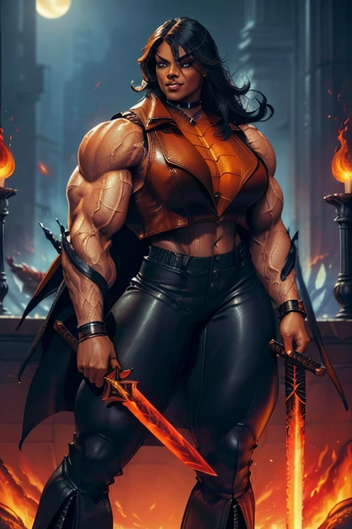 (Close view), black haired woman, long straight hair, light brown skinned, evil smirk, (black lipstick), ((massive muscles)), (hyper muscle), ((ginormous bulky muscles)), ((glowing orange eyes)), (black leather turtleneck top), (black hooded cloak), ((black leather pants)), (in front of fire wall), (Hot and burning universe:1.3)