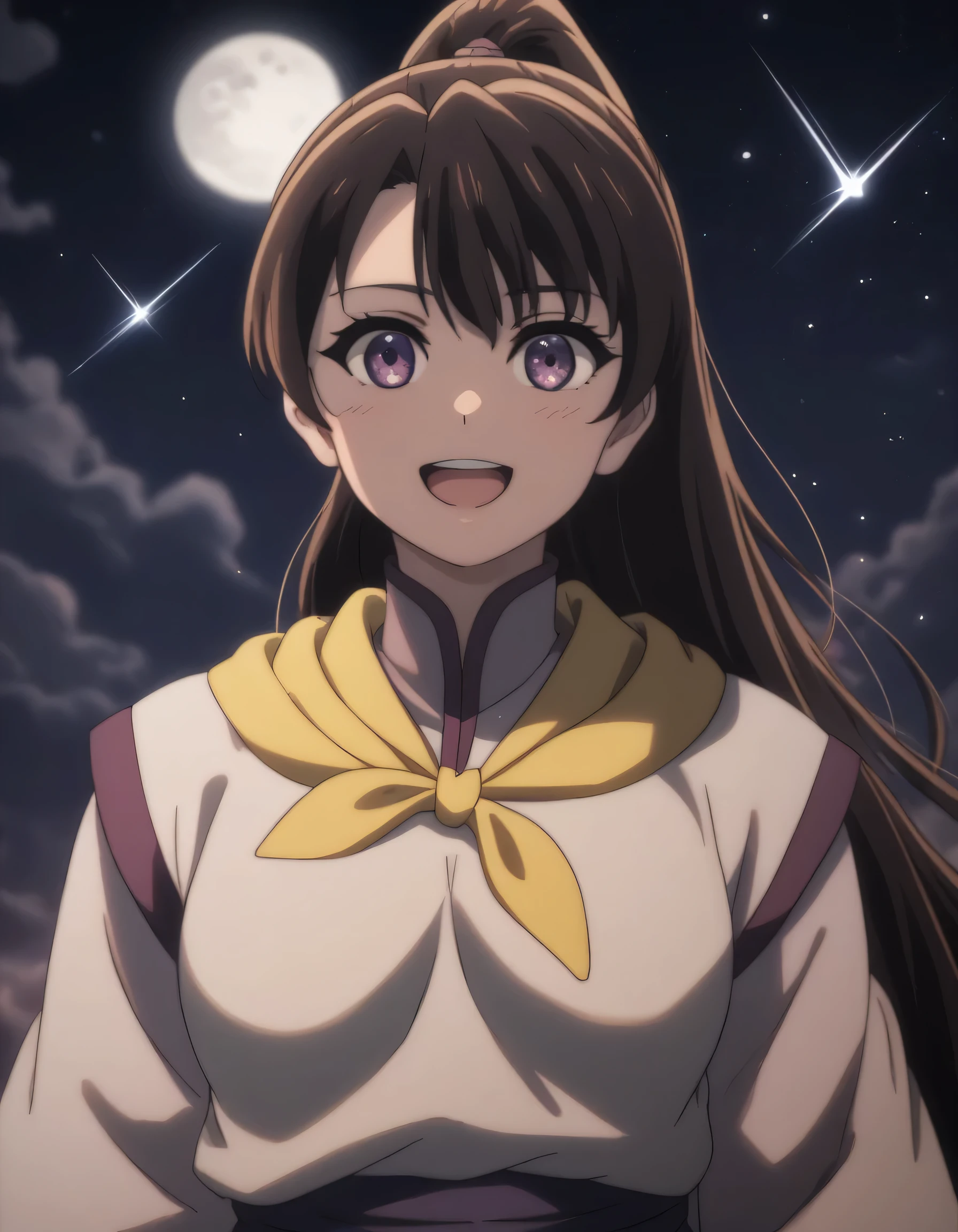 score_9, score_8_up, score_7_up, gsfghtr, multicolored robe, neckerchief, cinematic Lighting, 1girl,solo,looking at viewer,blush,smile, open mouth,moon, shooting stars, aurora view, long ponytail hair 