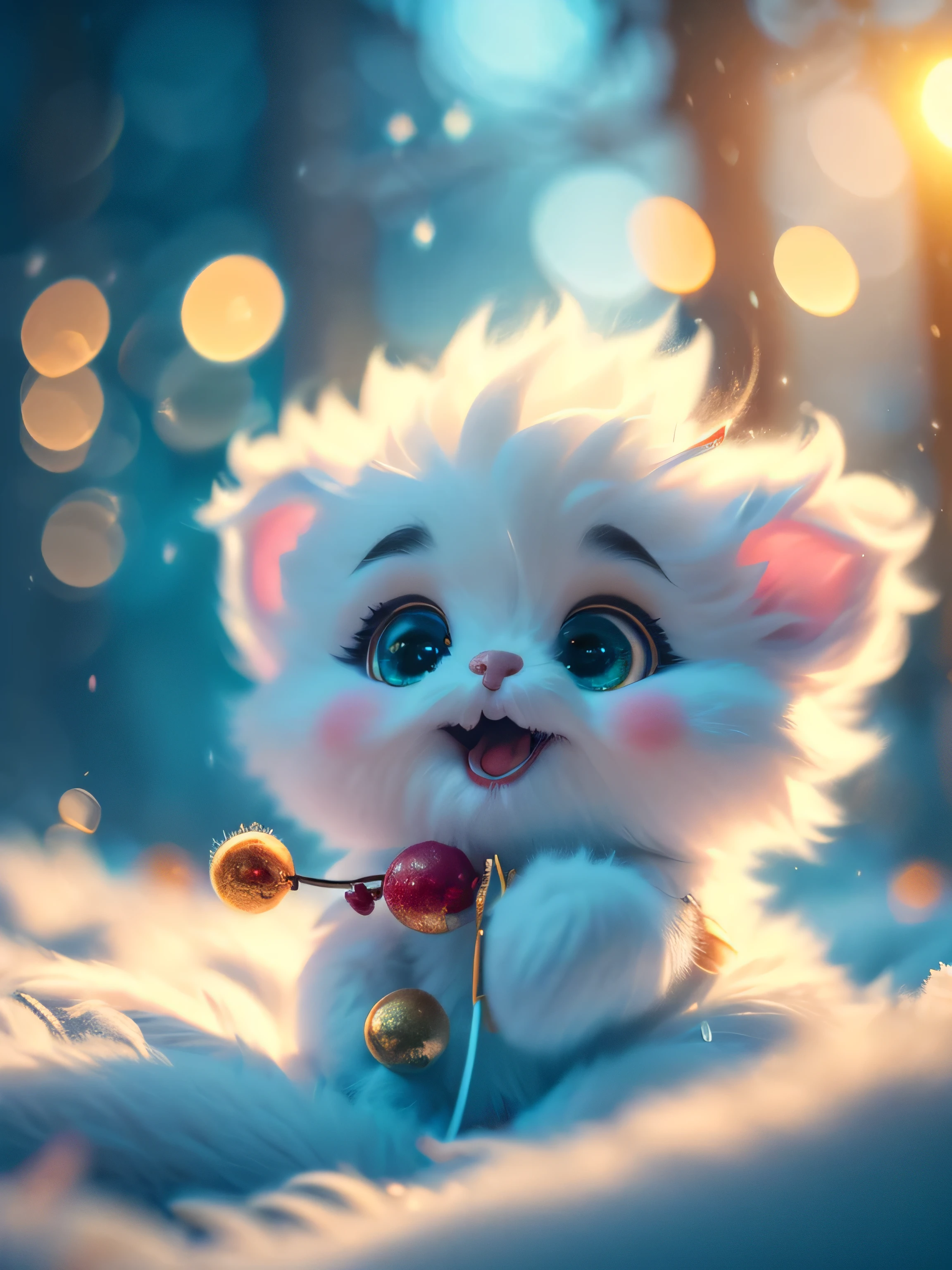 (Best Quality, Super Detail, Masterpiece, Representative Work, Official Art, Professional, Super Detail, 8k:1.3) (Photorealistic:1.2), Adorable blue furry monster with round eyes in a pink bunny suit, Licking an icicle with his tongue while sitting, Winter, Christmas, Night, Natural Lighting, Soft Background, Photorealistic, Shining Eyes, Sharp Focus, Cute and Mischievous Look, Hint of Mischief, Dreamy Atmosphere, Delicate Details, Soft Volumetric Light, (Backlight:1.3), (Cinematic:1.2), Intricate Details, (ArtStation:1.3)