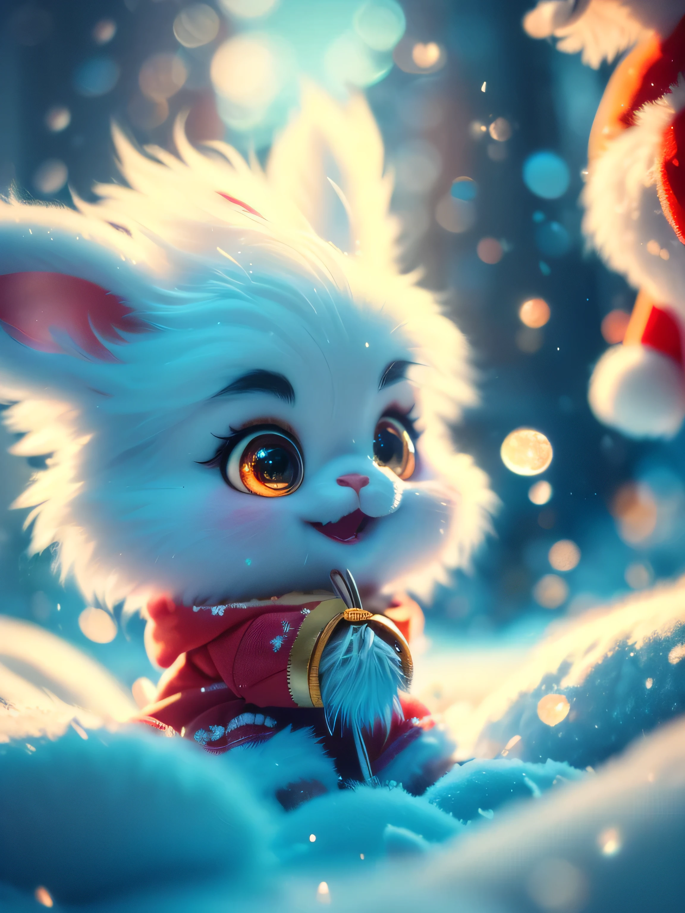 (Best Quality, Super Detail, Masterpiece, Representative Work, Official Art, Professional, Super Detail, 8k:1.3) (Photorealistic:1.2), Adorable blue furry monster with round eyes in a pink bunny suit, Licking an icicle with his tongue while sitting, Winter, Christmas, Night, Natural Lighting, Soft Background, Photorealistic, Shining Eyes, Sharp Focus, Cute and Mischievous Look, Hint of Mischief, Dreamy Atmosphere, Delicate Details, Soft Volumetric Light, (Backlight:1.3), (Cinematic:1.2), Intricate Details, (ArtStation:1.3)