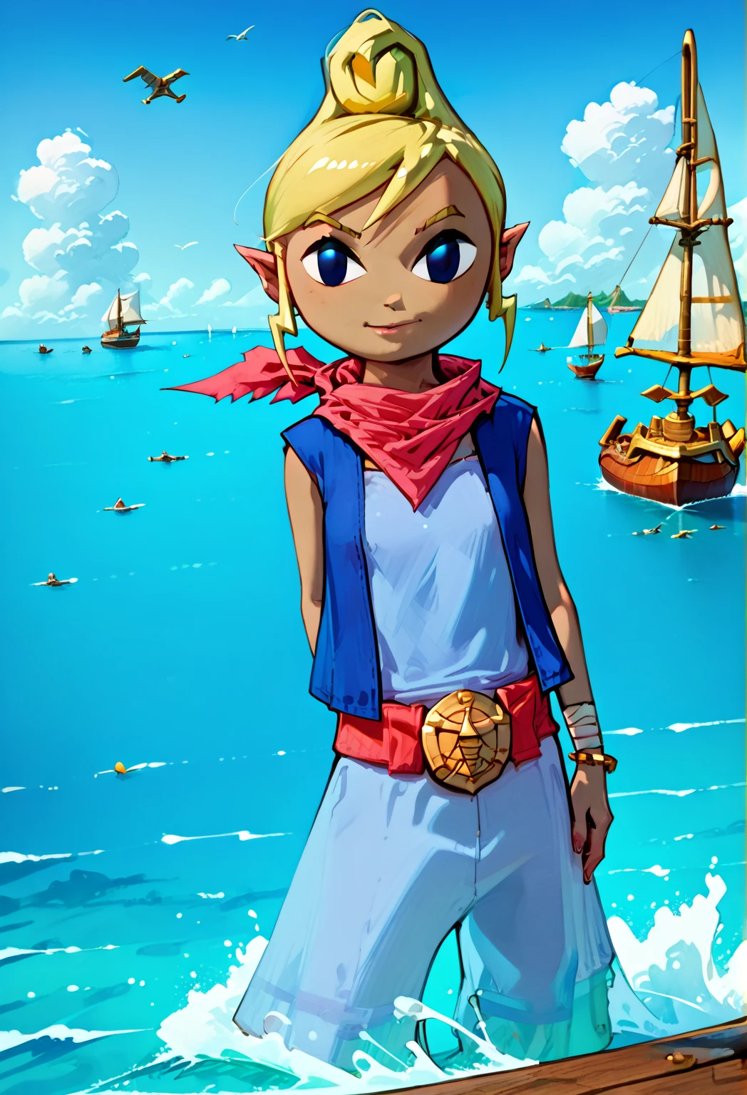 high resolution picture, masterpiece, best quality, amazing quality, official art, Tetra/The legend of zelda, 1girl, solo, tetra, dark skinned female, blond hair, blue eyes, vest, neckerchief,
necklace, small breasts, curvy, petite ,                    on pirate ship, ocean, WindWakerStyle