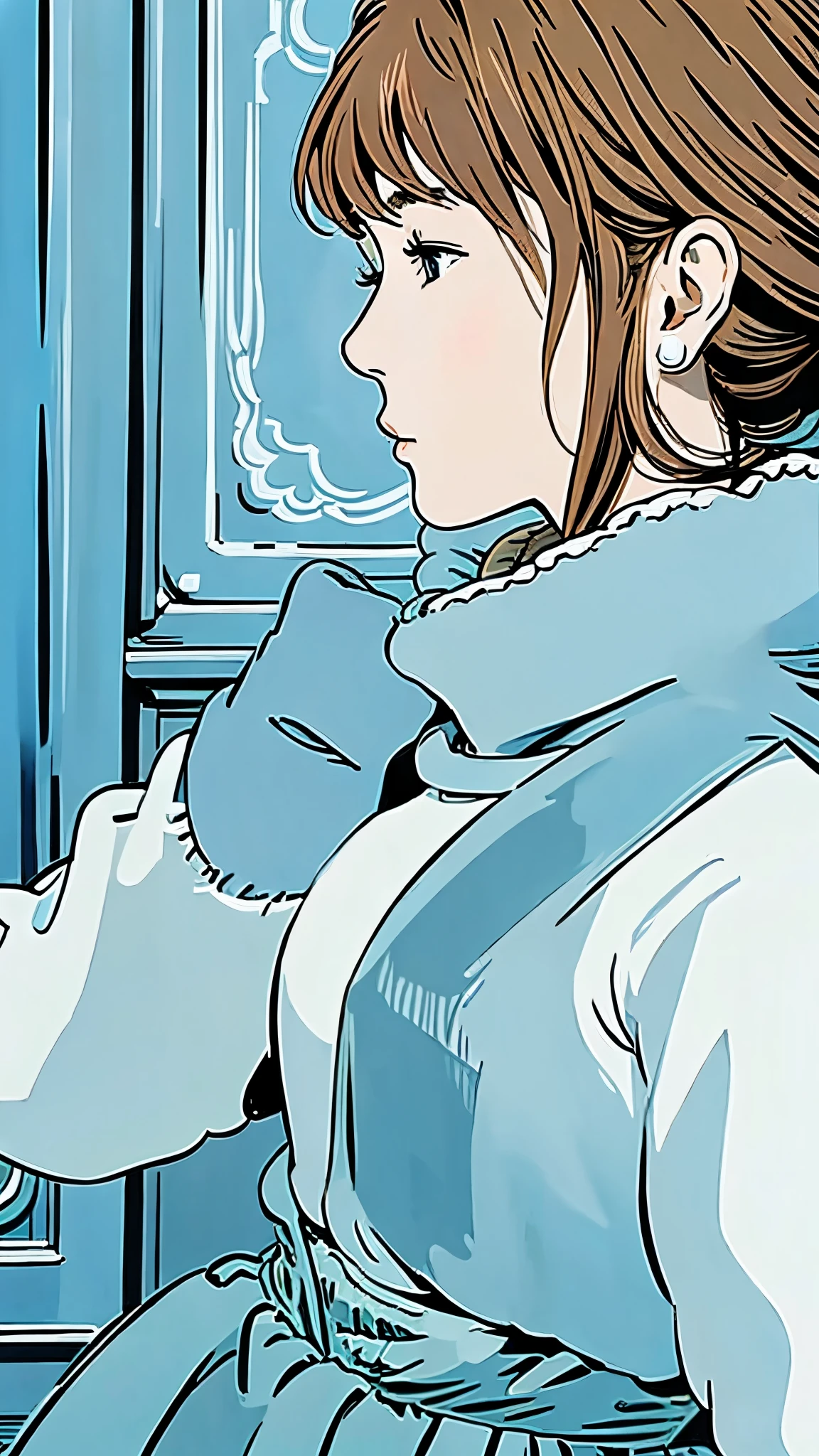 Famous Paintings、 best quality 、Nausicaa, 1girl 、 Blue Dress、 Long Sleeve 、Blue gloves、 beautiful girl、 Audience 、profile、 upper body、Moderate bust、Cloudy、 see who sees 、