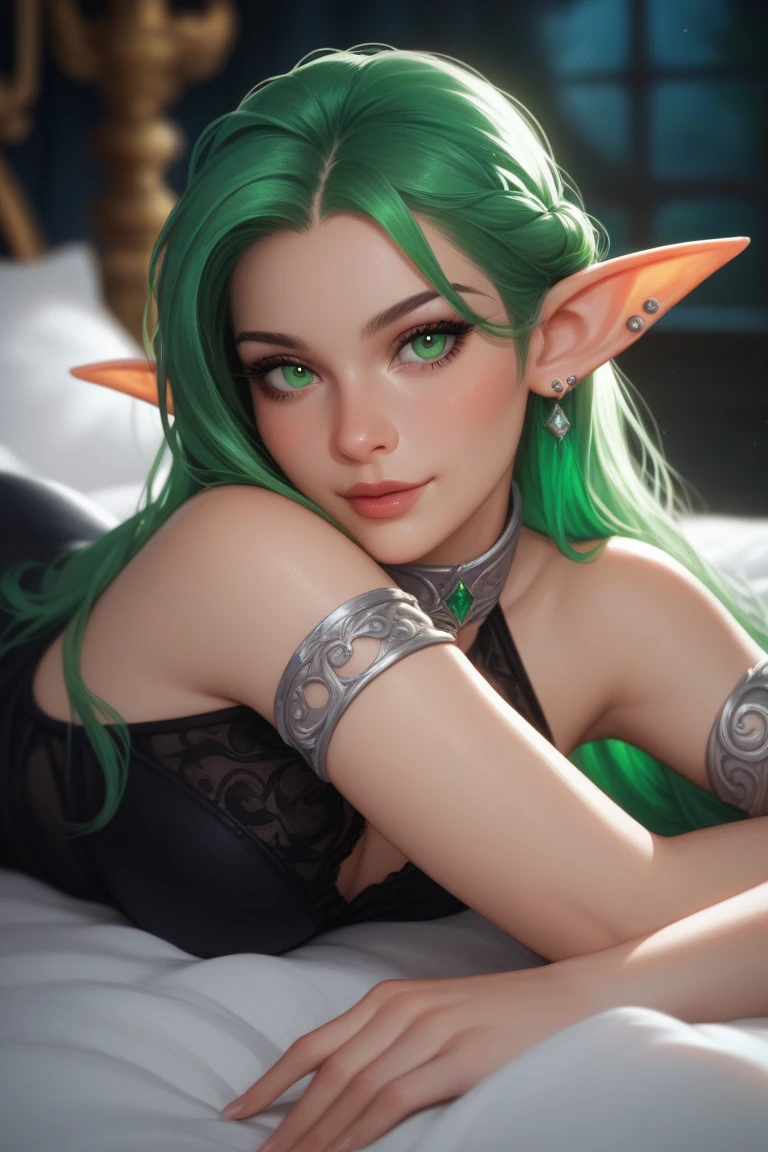 High elf woman on her knees for you, asian face, brown skin, , view from front, looking up at viewer, big eyes, dark green hair, braid crown, slender body, slim-thick, caramel skin, small , bedroom background