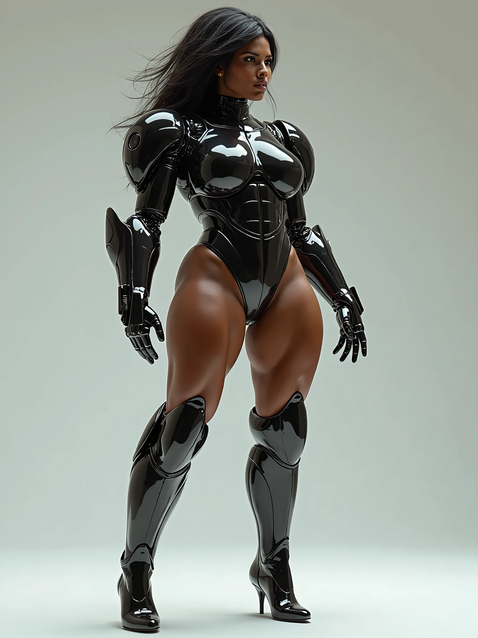 (1 girl), (megan fox:1.25), (muscular android girl wearing a black anatomic cybernetic muscle suit:1.25), (wide shoulders:1.25), (muscular defined physique:1.25), perfect hands, long hair, large breasts, high resolution image, extreme detail, blank background