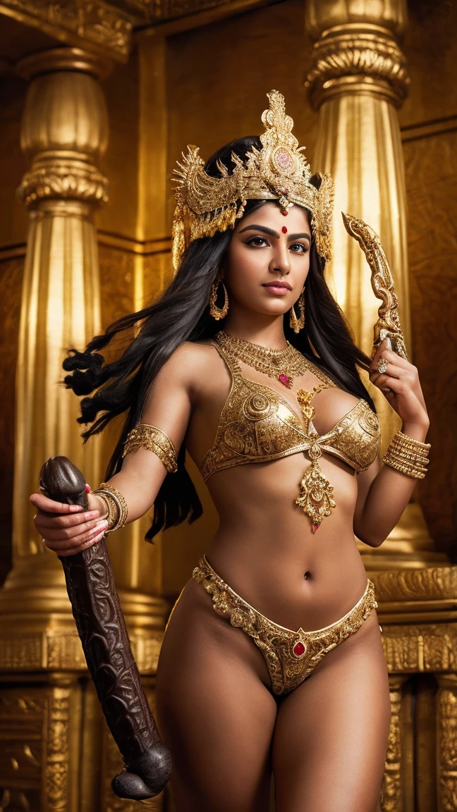 good quality image, of the Sumerian goddess/acadia Nisar, goddess of wisdom, with wings, Dark skin, Caramel skin, dressed in Balinese clothing, leather and gold ornaments, small breasts, naked.