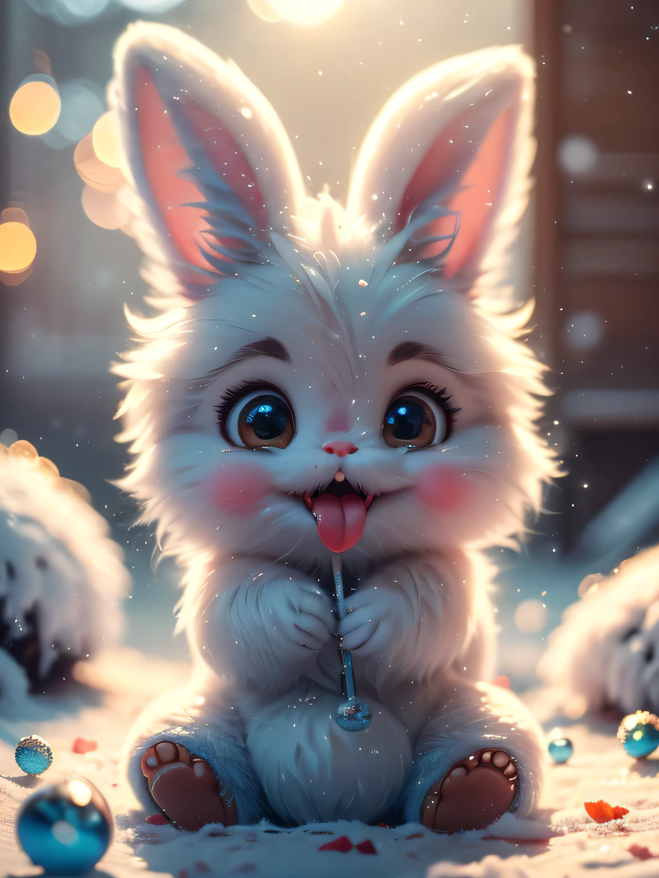 (Best Quality, Super Detail, Masterpiece, Representative Work, Official Art, Professional, Super Detail, 8k:1.3) (Photorealistic:1.2), Adorable blue furry monster with round eyes in a pink bunny suit, Licking an icicle with his tongue while sitting, Winter, Christmas, Night, Natural Lighting, Soft Background, Photorealistic, Shining Eyes, Sharp Focus, Cute and Mischievous Look, Hint of Mischief, Dreamy Atmosphere, Delicate Details, Soft Volumetric Light, (Backlight:1.3), (Cinematic:1.2), Intricate Details, (ArtStation:1.3)