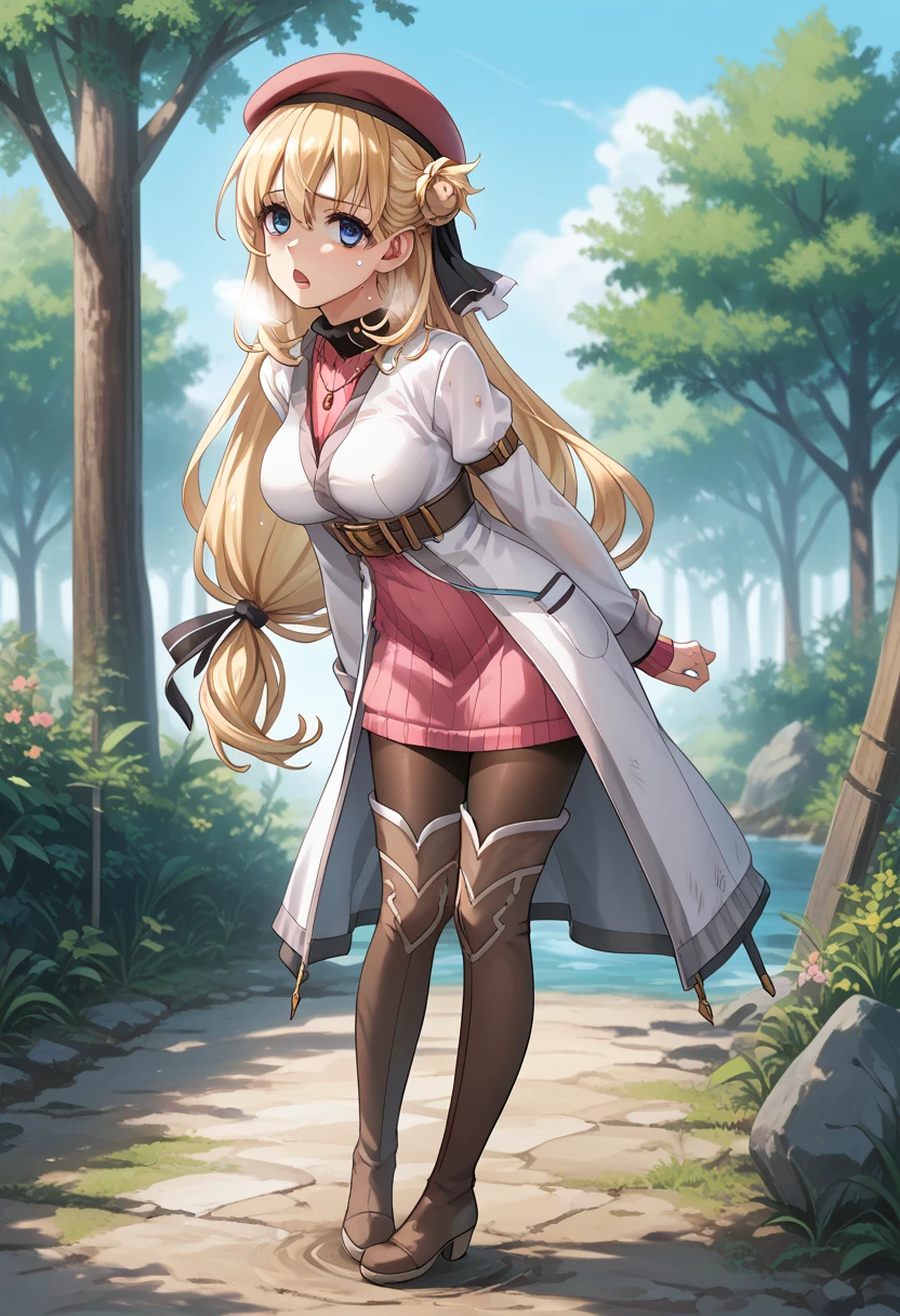 score_9, score_8_up, score_7_up, score_6_up, score_5_up, score_4_up, BREAK source_anime,
(1girl), (solo), sfw,  Agnes Claudel, beautiful face, cute face, blonde hair, long hair, blue eyes, large breasts, hair ribbon, beret, white coat, turtleneck dress, necklace, belt, pink skirt, pantyhose, brown boots, thigh boots,, (full body shot), ((side view)), looking at viewer, outdoors, sky, trees, 
racoonsan,, (standing up), ((bending forward)), exhausted, heavy breathing, sweating, wet, moaning, aroused. In peril, mouth open, touching her chest with ((one hand))), (worried expression)