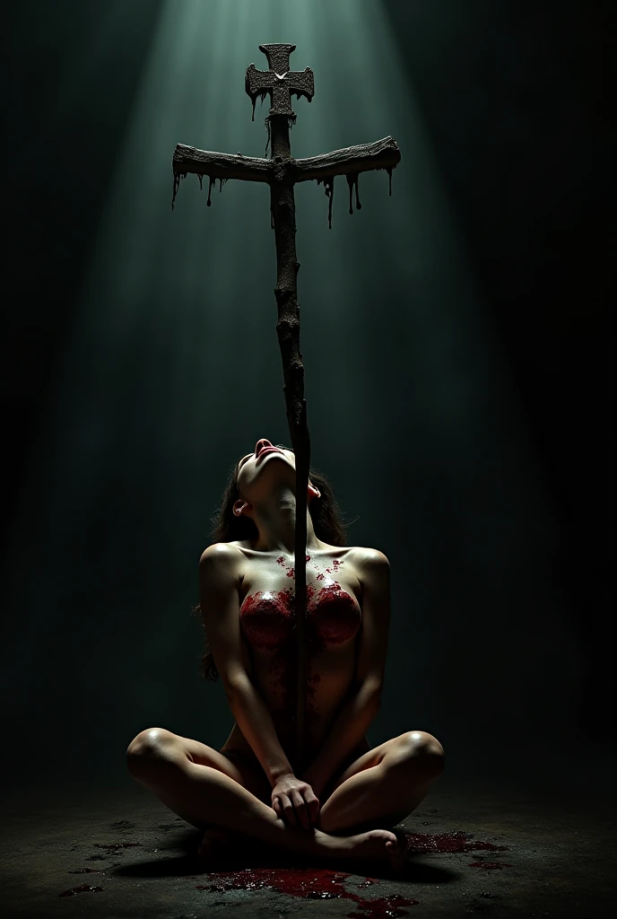 Zombie with head caving in masturbating with crucifix