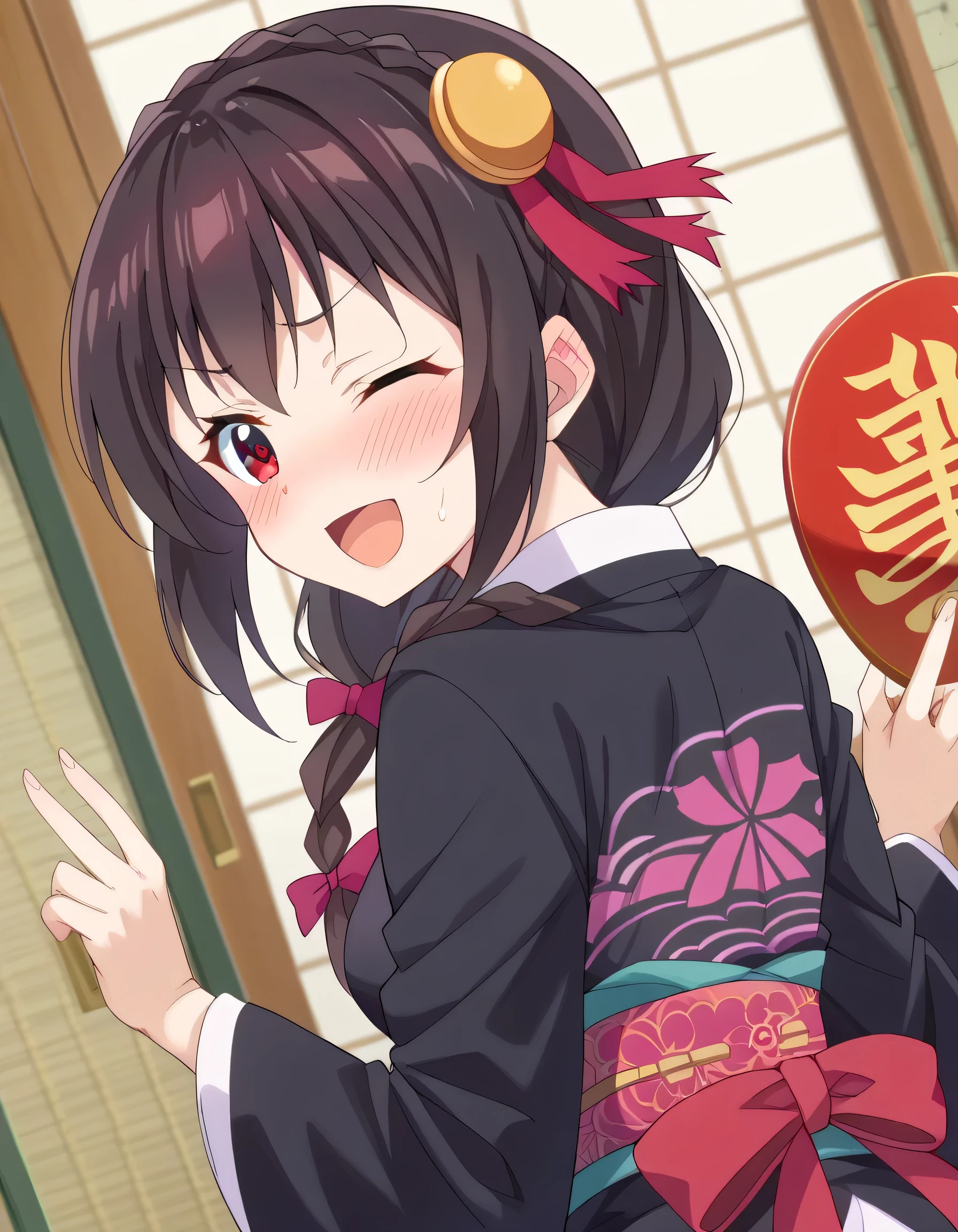 HD, High Quality 、
Yunyun、 black hair, hair accessories, red eyes, , braided , crown braided ,
(Long-sleeved kimono:1.2)、 New Year、indoor、Alive、 is sweating、( I have one eye closed:1.2)
(smile)、(blush)、 open your mouth and laugh、(View from above at an angle)、Seen from the side a little、 view viewer、(Looking Back)