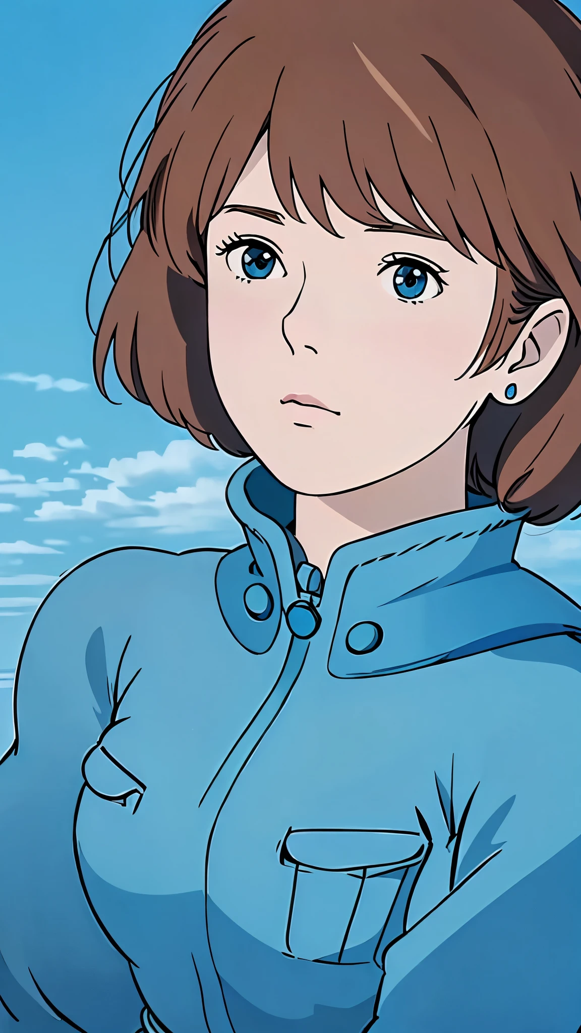 Nausicaa, 1girl 、 Blue Dress、 Long Sleeve 、Blue gloves、 beautiful girl、Eyes of determination、 looking up at the sky、 upper body、Moderate bust、Cloudy、 see who sees 、