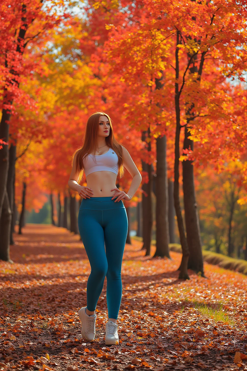 Raw photo, The foreground of this photo features a stunning young woman, long red hair, blue eyes, seductive expression on her lips, perfect breasts, flat stomach, slim hips, dynamic pose, dreamlike atmosphere, creative blending, She is wearing yogapants and tank top, background Autumn forest, there are a few scattered leaves on the ground, which add an element of natural beauty to this otherwise erotic scene, vibrant colors, with shades of red, orange and yellow dominating the composition.coh24, yogapants, emmaleiah.