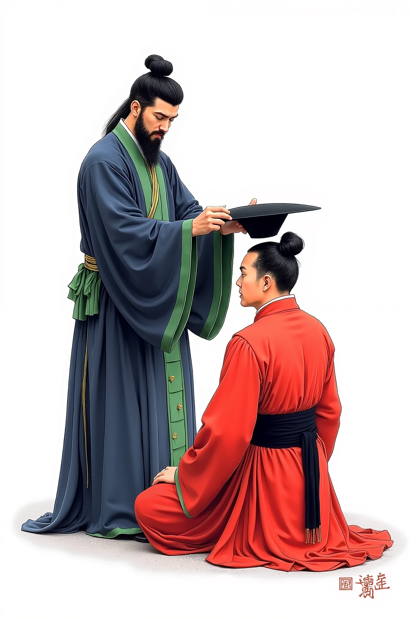 Colored ink drawing, traditional Chinese style, two men, formal setting, man on left, long dark blue robe, green trim, wide green sash, black hat, short beard, kneeling, facing the other man; man on right, kneeling, back to viewer, vibrant red robe, long sleeves, black belt, hair styled in a bun, facing the first man, holding a black hat; interaction, left man placing hat on right man's head, respectful gesture; background, plain white, emphasizes figures, attire; textures, fine lines, shading, depth, realism; overall mood, reverence, respect, traditional elegance.