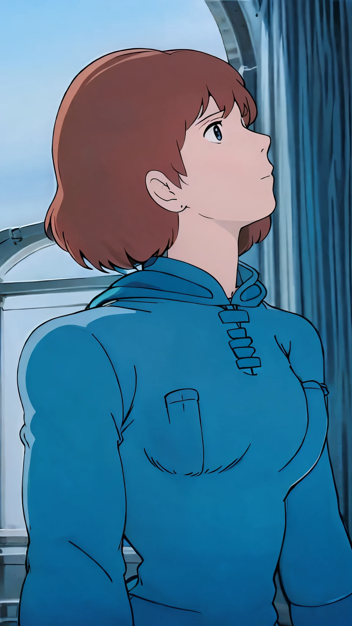 Nausicaa, 1girl 、 Blue Dress、 Long Sleeve 、Blue gloves、 beautiful girl、Eyes of determination、 looking up at the sky、 upper body、Moderate bust、Cloudy、profile、