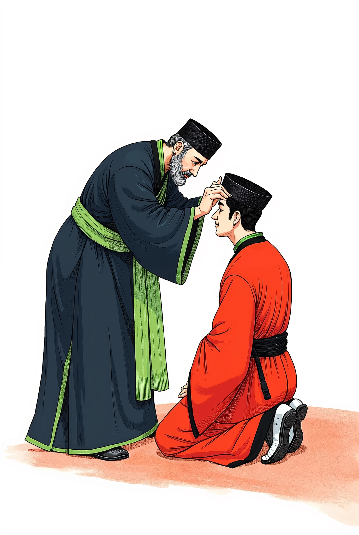 Colored ink drawing, traditional Chinese style, two men, formal setting, man on left, long dark blue robe, green trim, wide green sash, black hat, short beard, kneeling, facing the other man; man on right, kneeling, back to viewer, vibrant red robe, long sleeves, black belt, hair styled in a bun, facing the first man, holding a black hat; interaction, left man placing hat on right man's head, respectful gesture; background, plain white, emphasizes figures, attire; textures, fine lines, shading, depth, realism; overall mood, reverence, respect, traditional elegance.