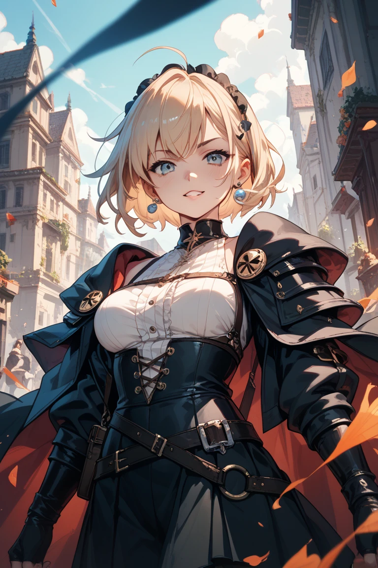 Catgirl thief standing with one hand on her hip the other lifted up near her face showing off her claws, short blonde hair,skintight beige pants, black boots, white corset, catbell coller, red cloak, blonde cat ears, blonde cat tail, large yellow cat eyes, cat claws, smirking, (grassy field in front of massive castle:1.3) (golden sunset:1.1) mist ray tracing z pass, (masterpiece) (best quality) (detailed) (8k) (cinematic lighting) (sharp focus) (intricate)
