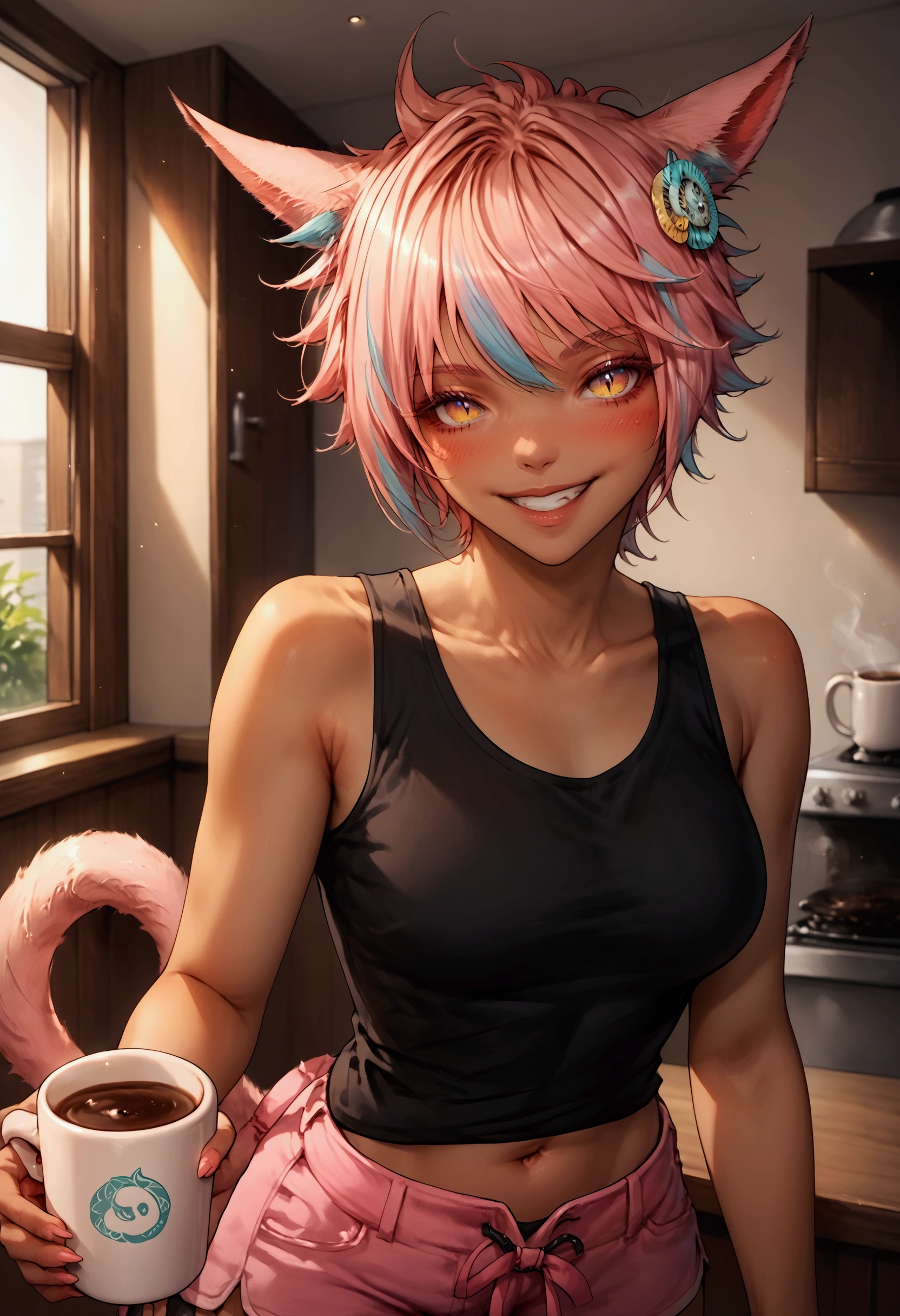 score_9, score_8_up, score_7_up, 1girl, yaana, miqo'te, feline eyes, multicolored hair, pink hair, modern kitchen, smile, teeth, blush, black tank top, shorts, navel, coffee mug in hand, offering viewer a mug,