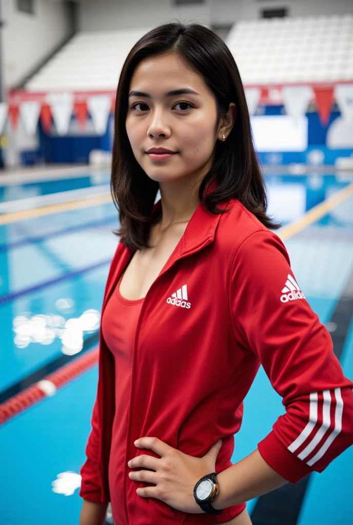 Professional photograph of a beautiful young female swimming coach. She has shoulder-length black hair. Her bright black eyes are fixed on the viewer. Her body is slim. She is wearing a red swimsuit under a red Adidas jacket. Smartwatch on her wrist. She is standing next to an Olympic-sized swimming pool. Outdoors, natural light, shallow depth of field, bright colors, "full body", close range