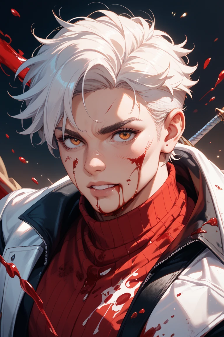 (Artwork, best quality:1.2),Blood海风格 特写, side view, battlefield,1 boy,White hair,Blue Eyes, Injuried,Seriously injured,fighting,,Frowning,Angry man,, Sharp Teeth,Clench your teeth, Wear a white collar shirt, (Blood_exist_clothing:1.2), 浑身是Blood,Blood淋淋的,The tie is black, Black pants, Wear a black windbreaker,contour,on the road,Smoke,躺exist地上,,best quality, 8K, , detailed, ((Art)).