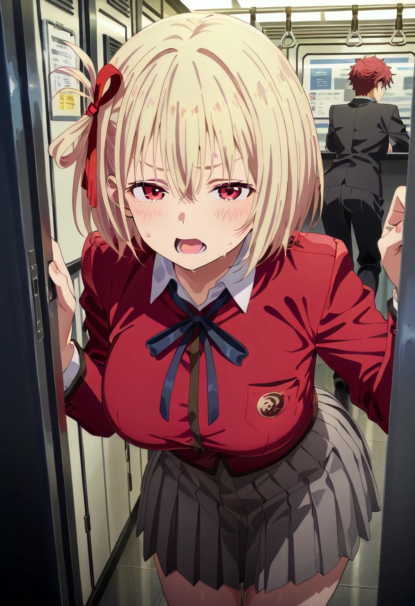 chisato nishikigi, short hair, bangs, Blonde, (Red eyes:1.5), hair ribbon, One side up, Bobcut, break shirt, Long sleeve, dress, ribbon, White shirt, Collared shirt, belt, neck ribbon, red dress, blue ribbon, pleated dress, grey dress, two-tone dress, red belt, uniform, break outdoors, city, break looking at viewer, (Cowboy Shot:1.5), break (masterpiece:1.2), Highest quality, High resolution, unity 8k wallpaper, (figure:0.8), (Beautiful attention to detail:1.6), Highly detailed face, Perfect lighting, Highly detailed CG, (Perfect hands, Perfect Anatomy),troubled, panic,((blush))、((Open your mouth))、(((Desperate face))),(pose squating),((Wet crotch)), (((Peeing)))、Touching the groin、((Be incontinent))),I want to pee、Pinch the crotch with your hands, crumples the hem of the skirt with his hands, Knees together, bladder full, terribly wants to go to the toilet, Anatomically correct,