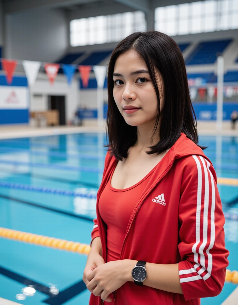 Professional photograph of a beautiful young female swimming coach. She has shoulder-length black hair. Her bright black eyes are fixed on the viewer. Her body is slim. She is wearing a red swimsuit under a red Adidas jacket. Smartwatch on her wrist. She is standing next to an Olympic-sized swimming pool. Outdoors, natural light, shallow depth of field, bright colors, "full body", close range