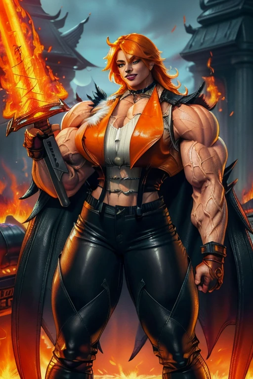 (((((Massive tall, beautiful, buff, pale white skinned muscular asian goddess woman with red hair, black lipstick, ginormous bulky muscles, wearing an half button down long black coat with black pants))))), close view, (long hair), (glowing yellow eyes), choker, (chain belt), black boots, (black gauntlets), in a sun palace, flirtatious smile, night, (ginormous arms), glowing yellow eyes, glowing yellow eyes, glowing yellow eyes.