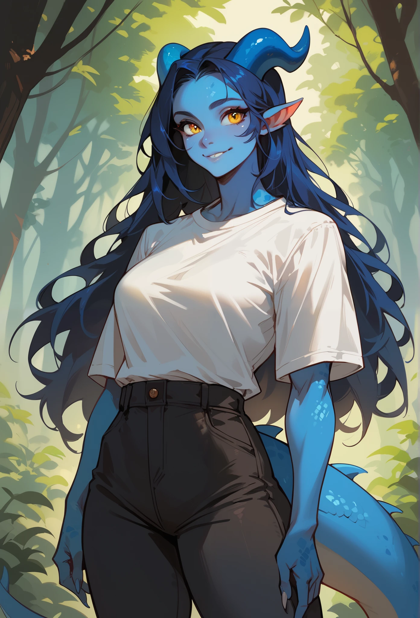 (Cowboy Shot) front facing, Adult female kobold, with long dark blue hair, long hair, yellow eyes, blue scale skin, a small tail and small blue horns, scales, a muscular athletic body, in a white shirt and black pants, in a forest, small smile.