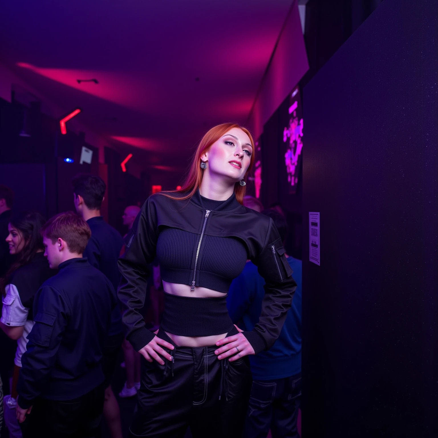 mad-cbrpnkjckt01, woman wearing croptop and shrugs,  black cargo pants, red hair, futuristic night club, neon lights, light beams, holograms