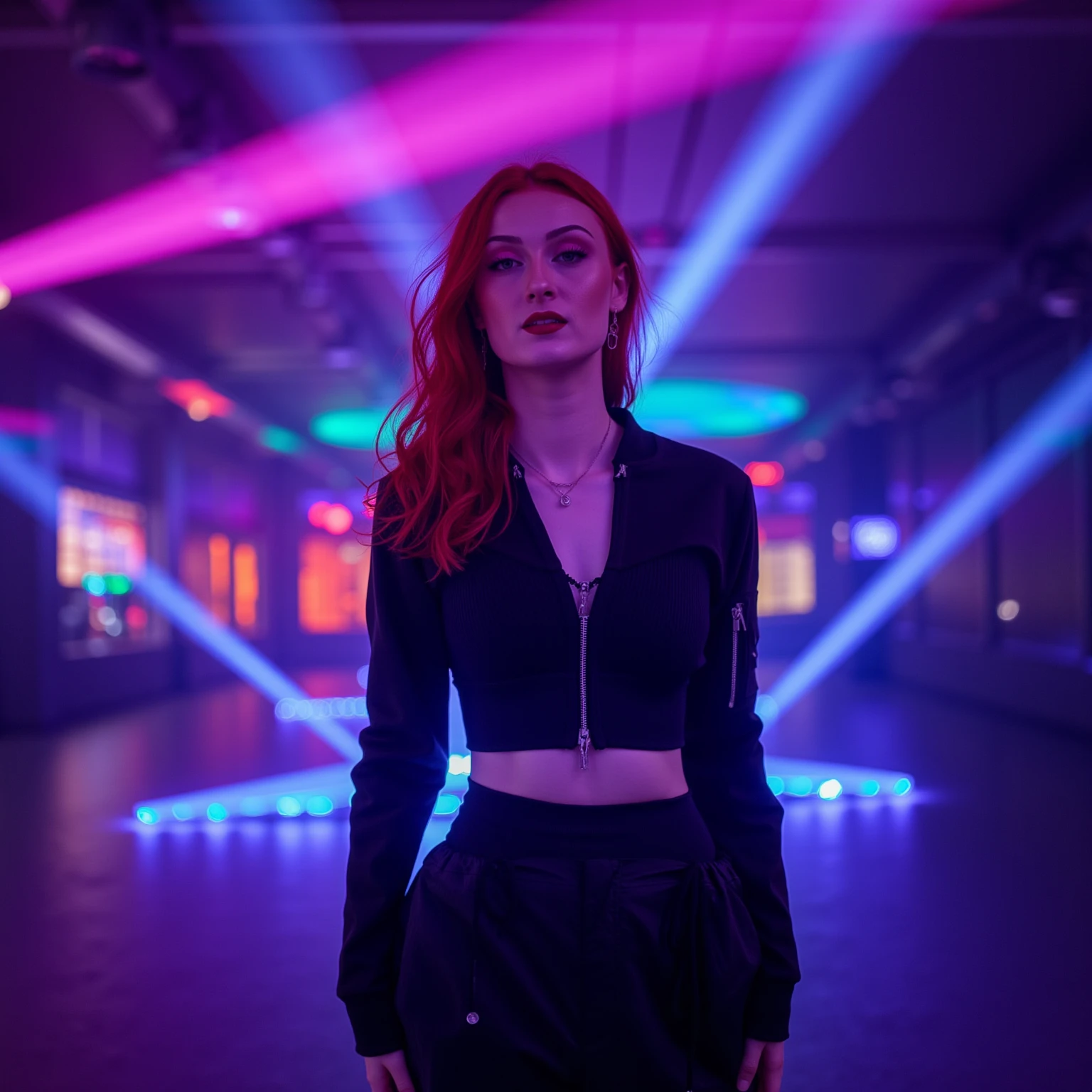 mad-cbrpnkjckt01, woman wearing croptop and shrugs,  black cargo pants, red hair, futuristic night club, neon lights, light beams, holograms