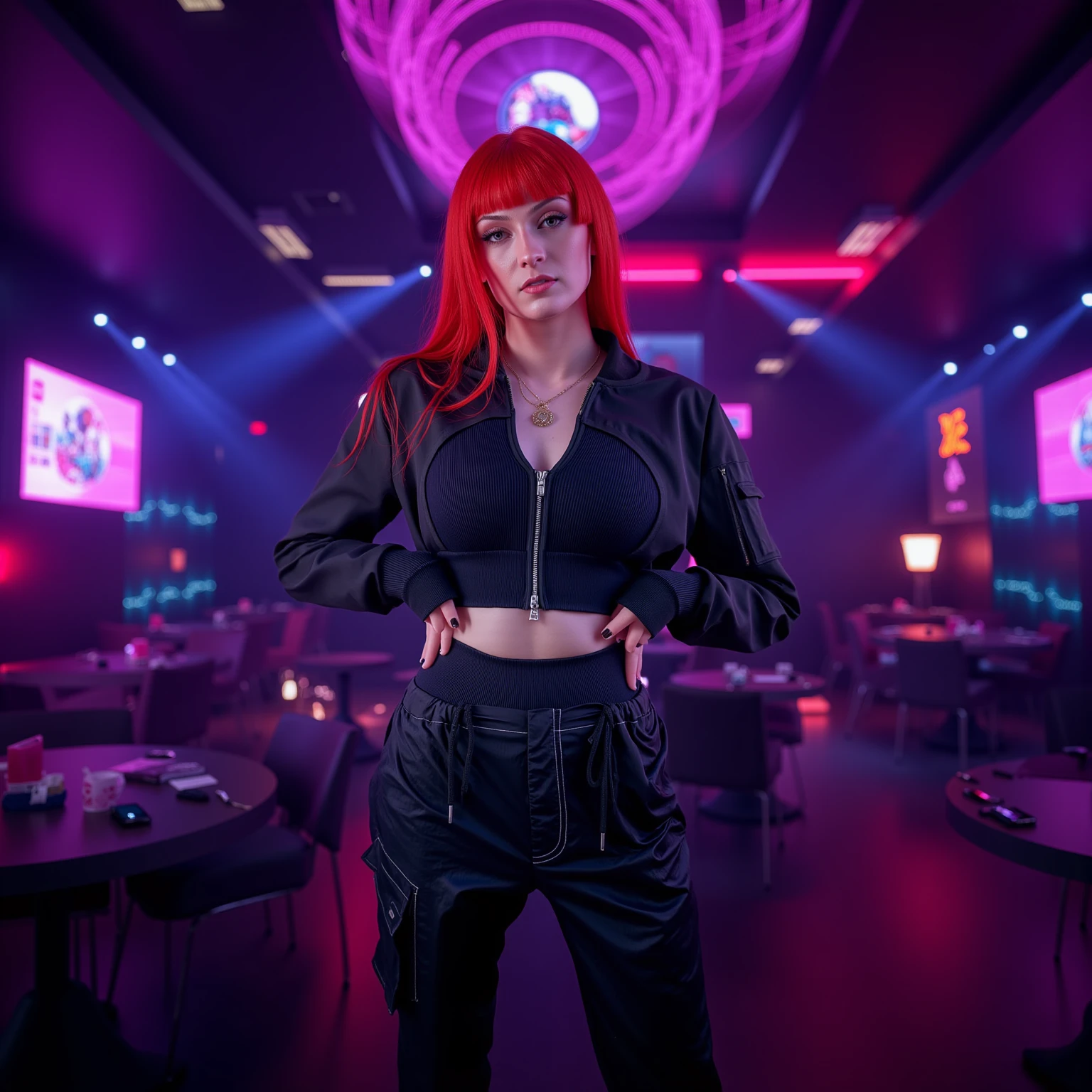 mad-cbrpnkjckt01, woman wearing croptop and shrugs,  black cargo pants, red hair, futuristic night club, neon lights, light beams, holograms