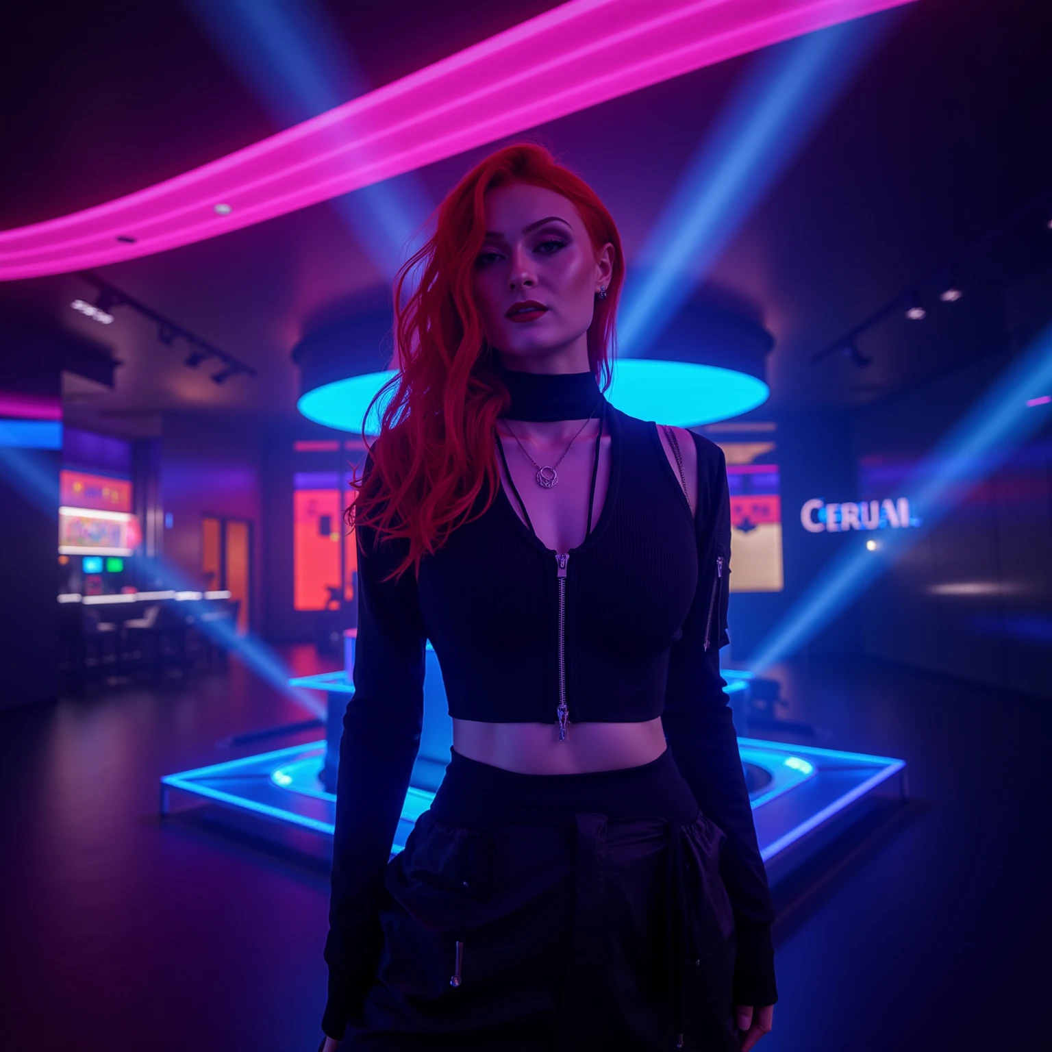 mad-cbrpnkjckt01, woman wearing croptop and shrugs,  black cargo pants, red hair, futuristic night club, neon lights, light beams, holograms