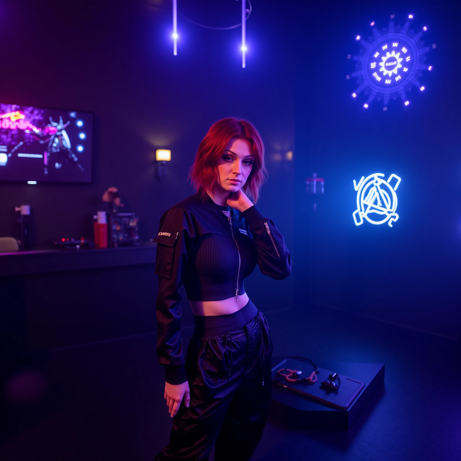 mad-cbrpnkjckt01, woman wearing croptop and shrugs,  black cargo pants, red hair, futuristic night club, neon lights, light beams, holograms